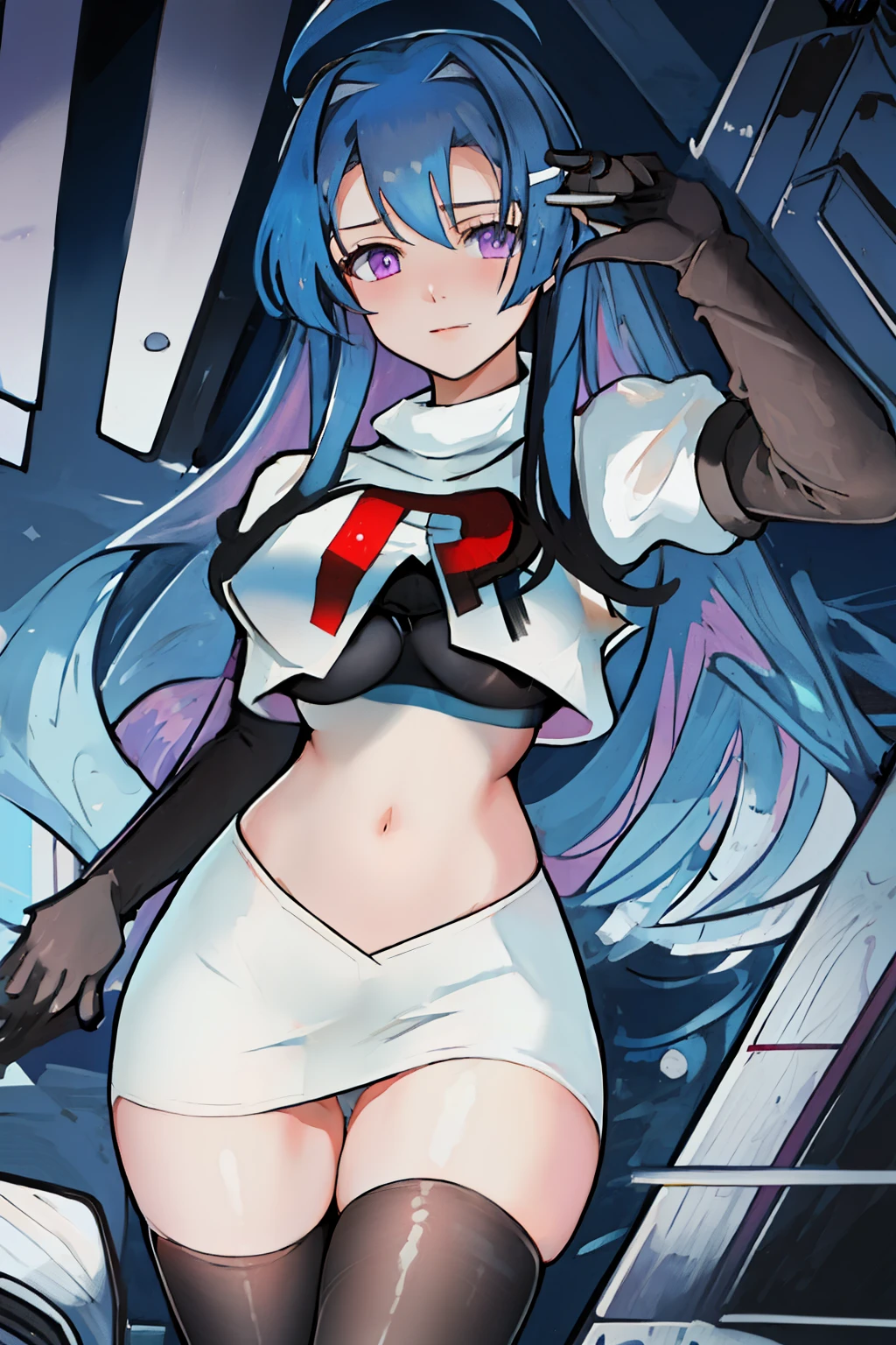 best quality, masterpiece, highres, solo, {helena_azurlane:1.15}, blue_hair, long_hair, ahoge, purple_eyes, breasts, blush, bangs, hair_ornament, medium_breasts, hair_between_eyes, 1girl, looking_at_viewer, large_breasts, team rocket,team rocket uniform,white skirt,red letter R,crop top,black thigh-highs,black elbow gloves