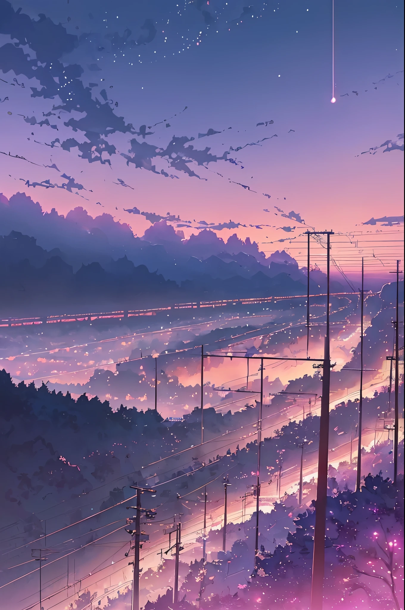 anime scene of a train passing under a pink and purple sky, an anime drawing by Makoto Shinkai, trending on pixiv, magical realism, beautiful anime scene, cosmic skies. by makoto shinkai, ( ( makoto shinkai ) ), by makoto shinkai, anime background art, style of makoto shinkai