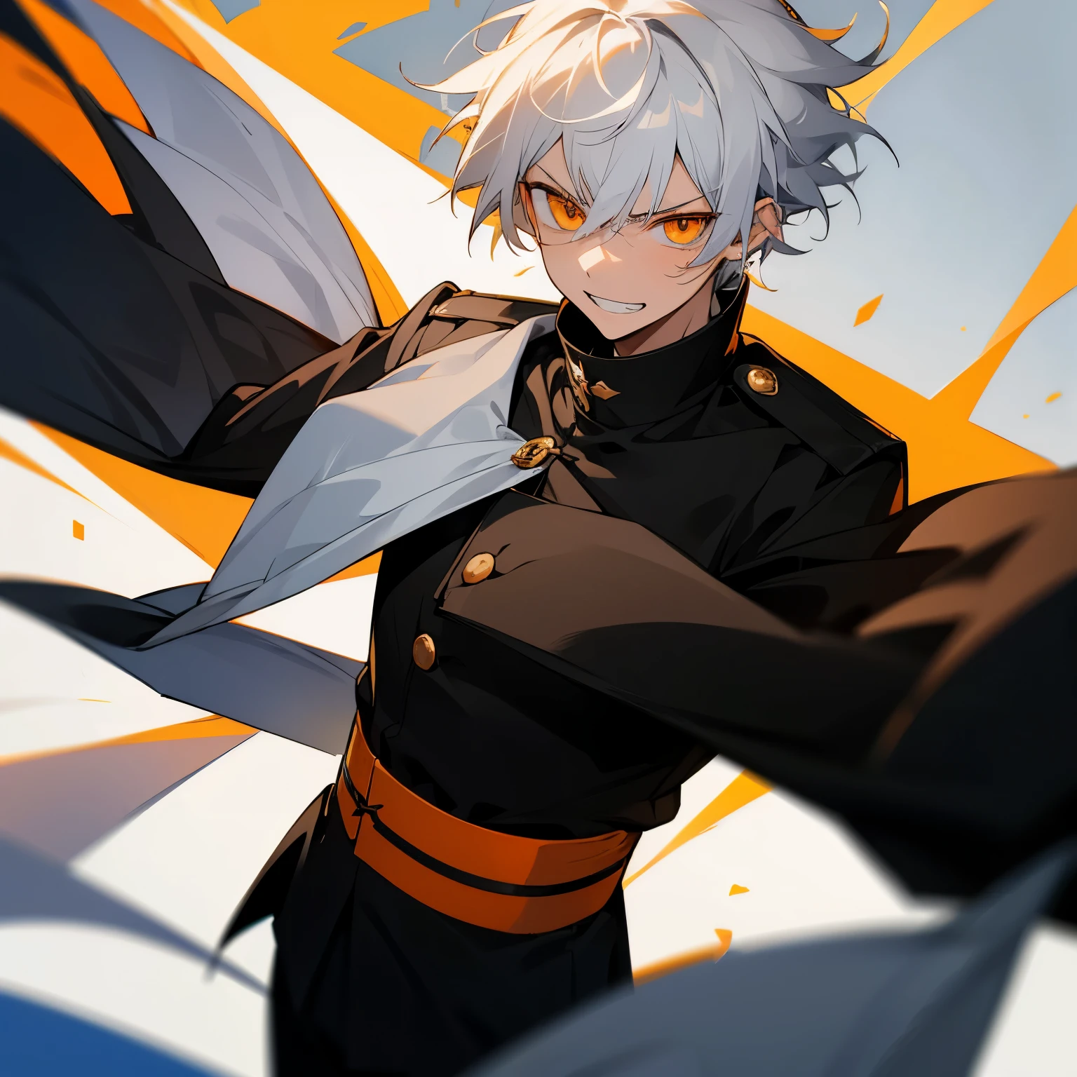 1boy, white hair, orange eyes, annoyed face, wearing black uniform, grin