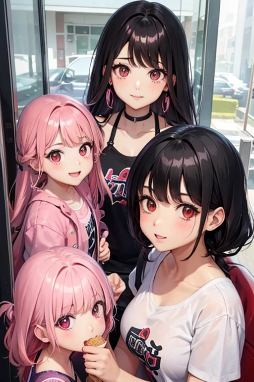 A black haired woman with brown eyes is getting ice cream with two little girl twins with pink hair and red eyes
