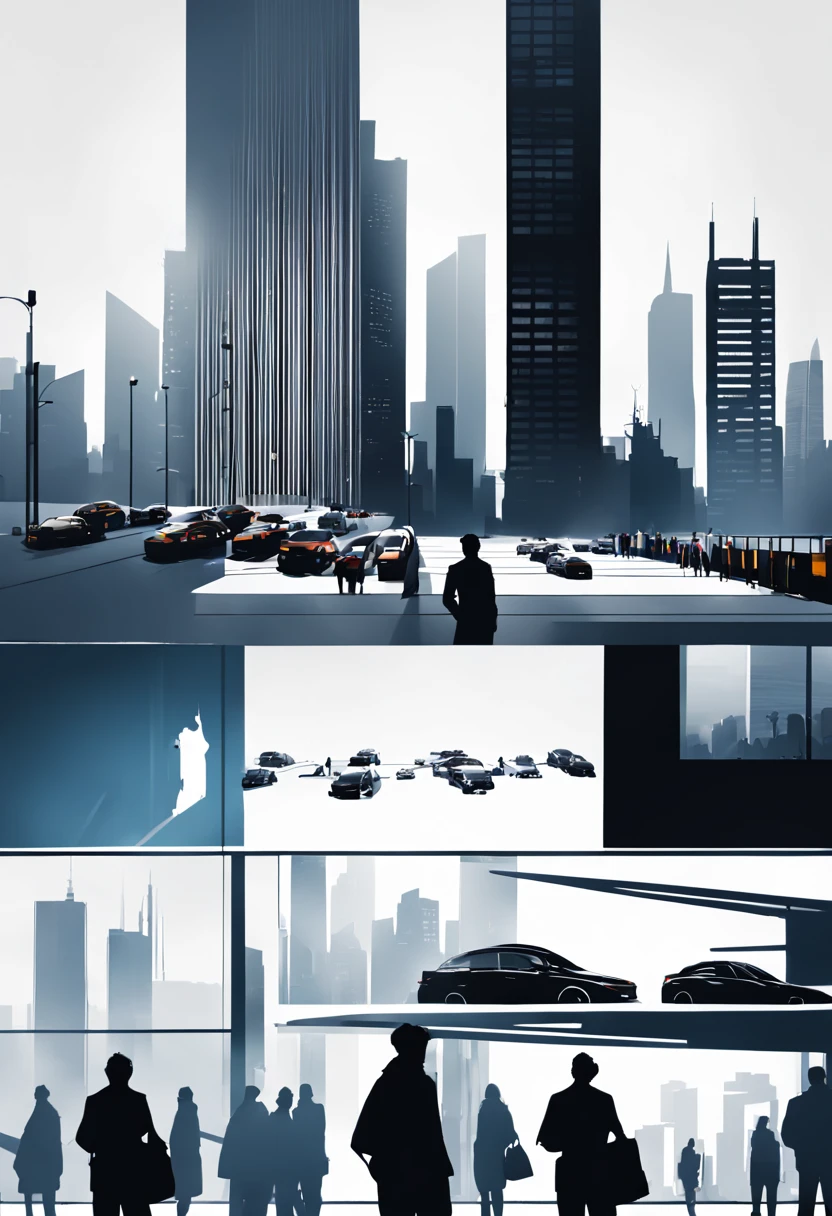 Type of Image: Concept Art, Subject Description: A series of interconnected silhouettes depicting a bustling cityscape with people, vehicles, and skyscrapers, Art Styles: Minimalist, Art Inspirations: Behance minimalist projects, Camera: 35mm lens, Shot: long shot to capture the expanse of the city, Render Related Information: high contrast with sharp focus to clearly define the silhouette edges, presented in monochromatic tones to emphasize the play of light and shadow.