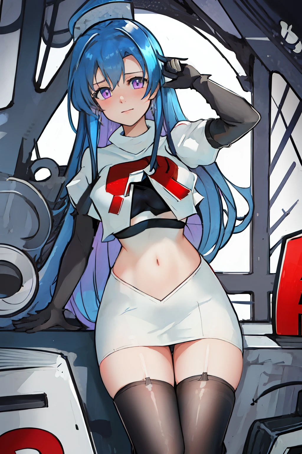 best quality, masterpiece, highres, solo, {helena_azurlane:1.15}, blue_hair, long_hair, ahoge, purple_eyes, breasts, blush, bangs, hair_ornament, medium_breasts, hair_between_eyes, 1girl, looking_at_viewer, large_breasts, team rocket,team rocket uniform,white skirt,red letter R,crop top,black thigh-highs,black elbow gloves