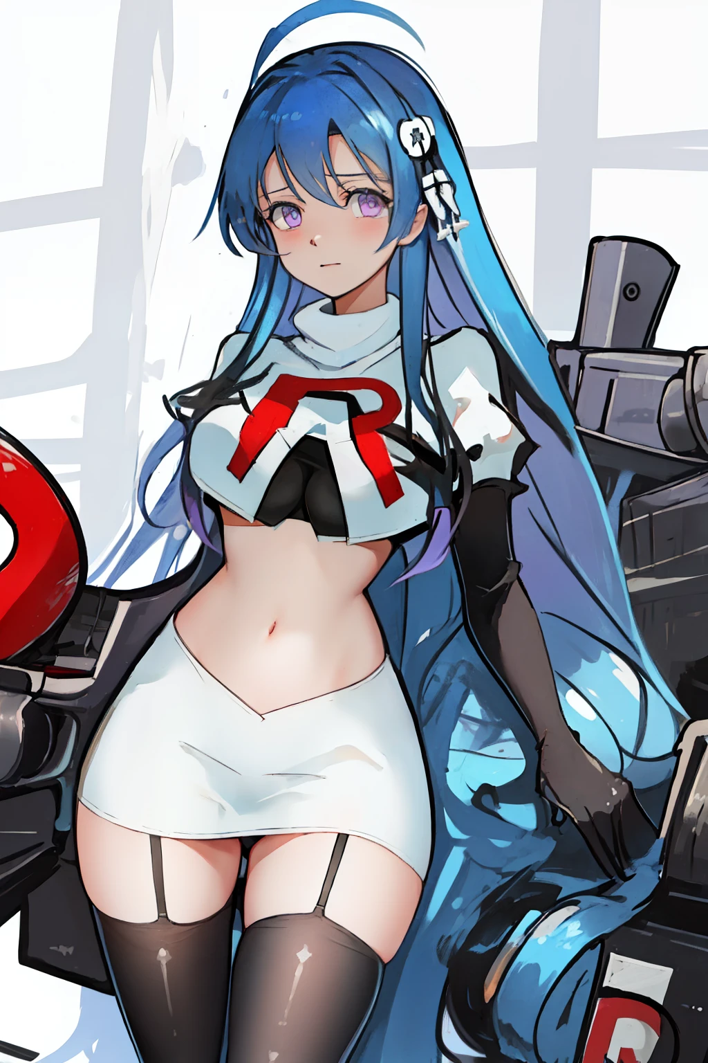 best quality, masterpiece, highres, solo, {helena_azurlane:1.15}, blue_hair, long_hair, ahoge, purple_eyes, breasts, blush, bangs, hair_ornament, medium_breasts, hair_between_eyes, 1girl, looking_at_viewer, large_breasts, team rocket,team rocket uniform,white skirt,red letter R,crop top,black thigh-highs,black elbow gloves