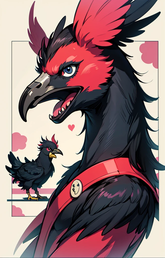 STYLE: kids illustration | SUBJECT: a playful prized black rooster | AESTHETIC: super kawaii, bold outlines | COLOR PALETTE: pastel | IN THE STYLE OF: Sanrio
