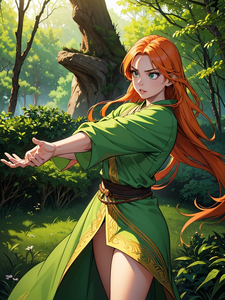 (best quality,4k,8k,highres,masterpiece:1.2),ultra-detailed,(realistic,photorealistic,photo-realistic:1.37),RPG girl with orange hair and green eyes holding a katana,beautiful detailed eyes,beautiful detailed lips,extremely detailed eyes and face,long eyelashes,shiny katana,magical atmosphere,fantasy setting,mystical background,adventurous spirit,colorful attire,flowing dress,enchanted forest,golden sunlight,fierce expression,swordswoman,strong pose,courageous,heroic,action-packed scene,vibrant colors,luscious greenery,mysterious aura,ethereal beauty,strong martial arts skills,dynamic lighting effects,epic battle scene,encounter with mythical creatures,playful breeze,spellbinding composition