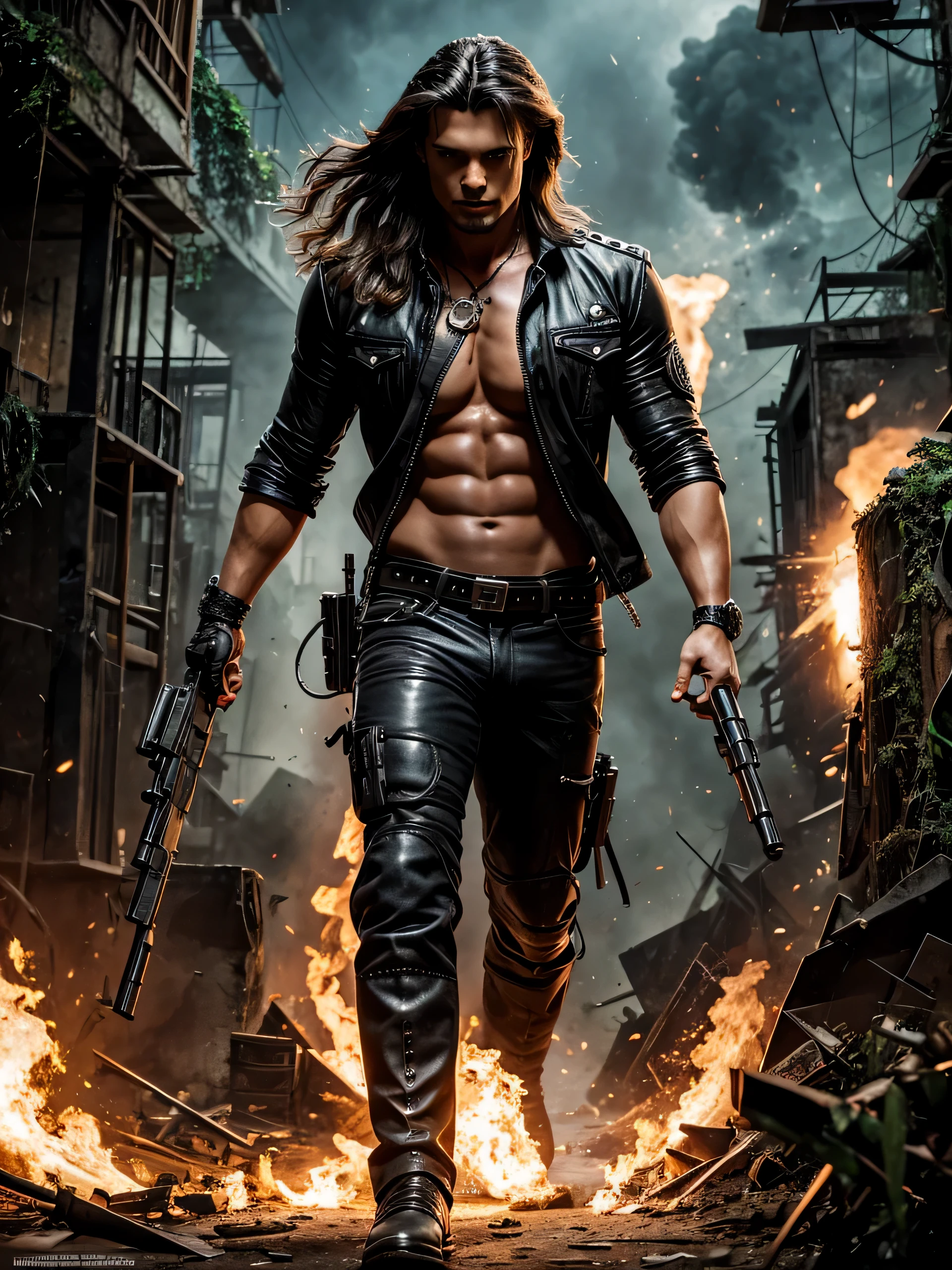 average long hair Diogo morgado as terminator , rebites, ornamentado, com arma grande, arte royo.3D. Vista completa.. 3D. explosions. selva. andando.