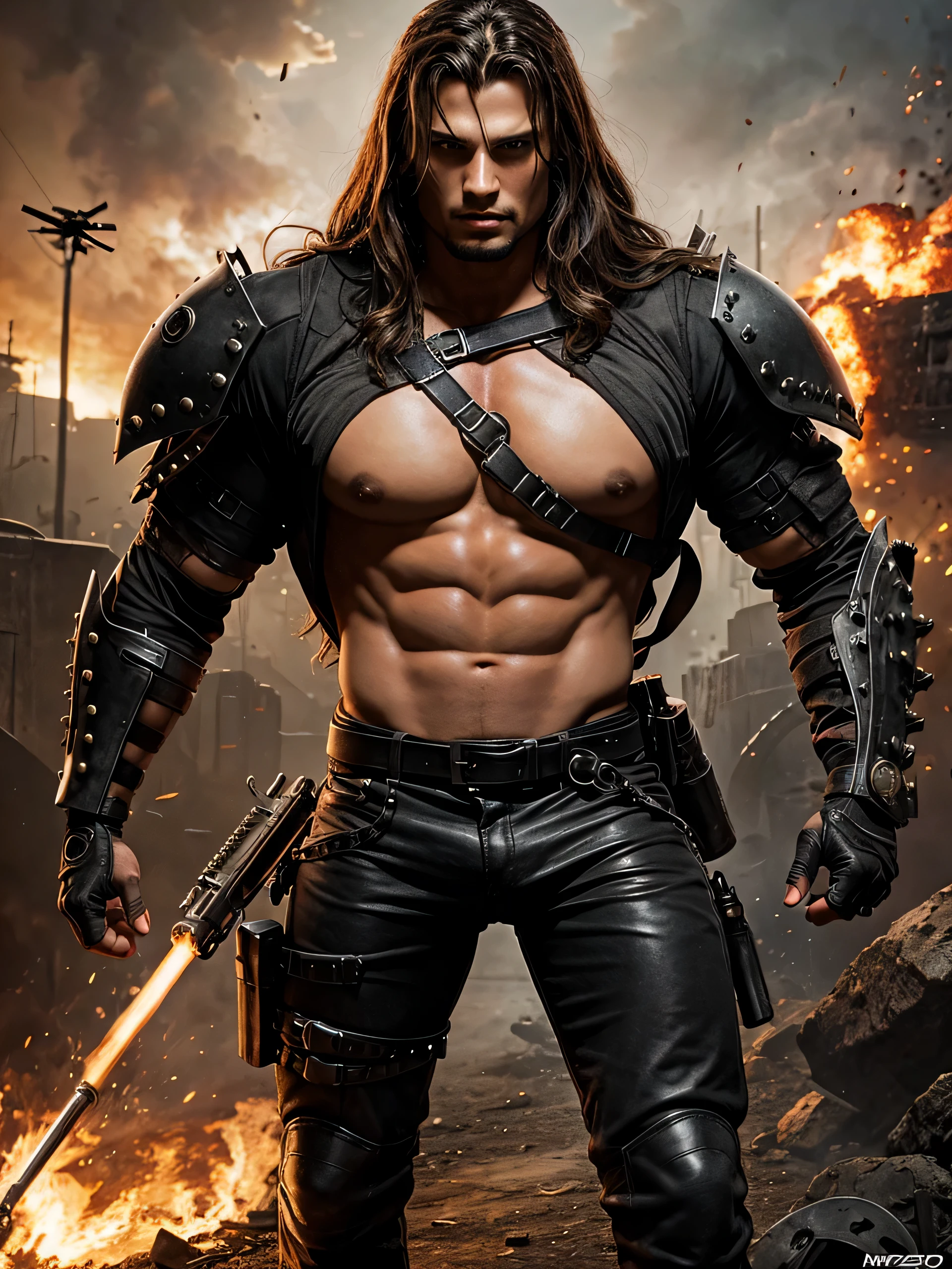 average long hair Diogo morgado as terminator , rebites, ornamentado, com arma grande, arte royo.3D. Vista completa.. 3D. explosions. selva. andando.