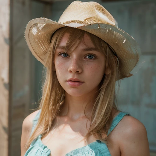 1girl, cute blonde girl, hair bangs, cowboy hat, cyan eyes, cowboy dress, ultra realistic soft skin, extreme detail, high masterpiece, 8k, photography, studio light, ultra realistic lighting, high realistic ray tracing, RAW photo, photo studio, perfect detailed cute face, perfect teenage details, school corridor, freckles