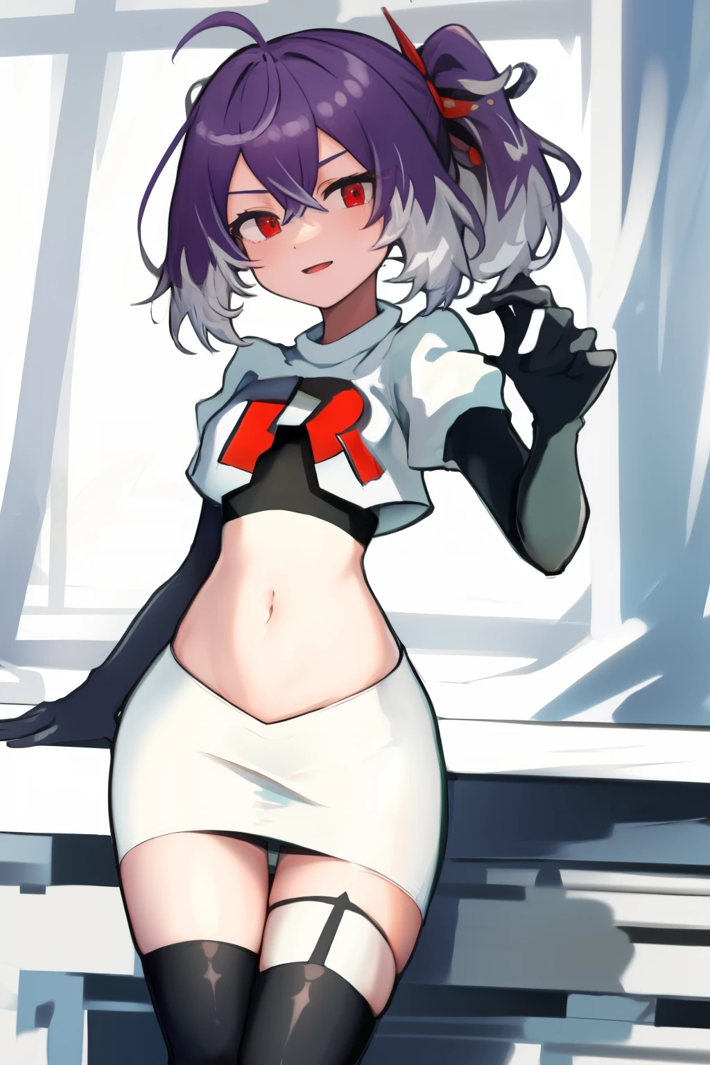 masterpiece, detailed, high quality, absurdres, shisuikiki, 1girl, solo, small breasts, curvy, cowboy shot, team rocket,team rocket uniform,white skirt,red letter R,crop top,black thigh-highs,black elbow gloves