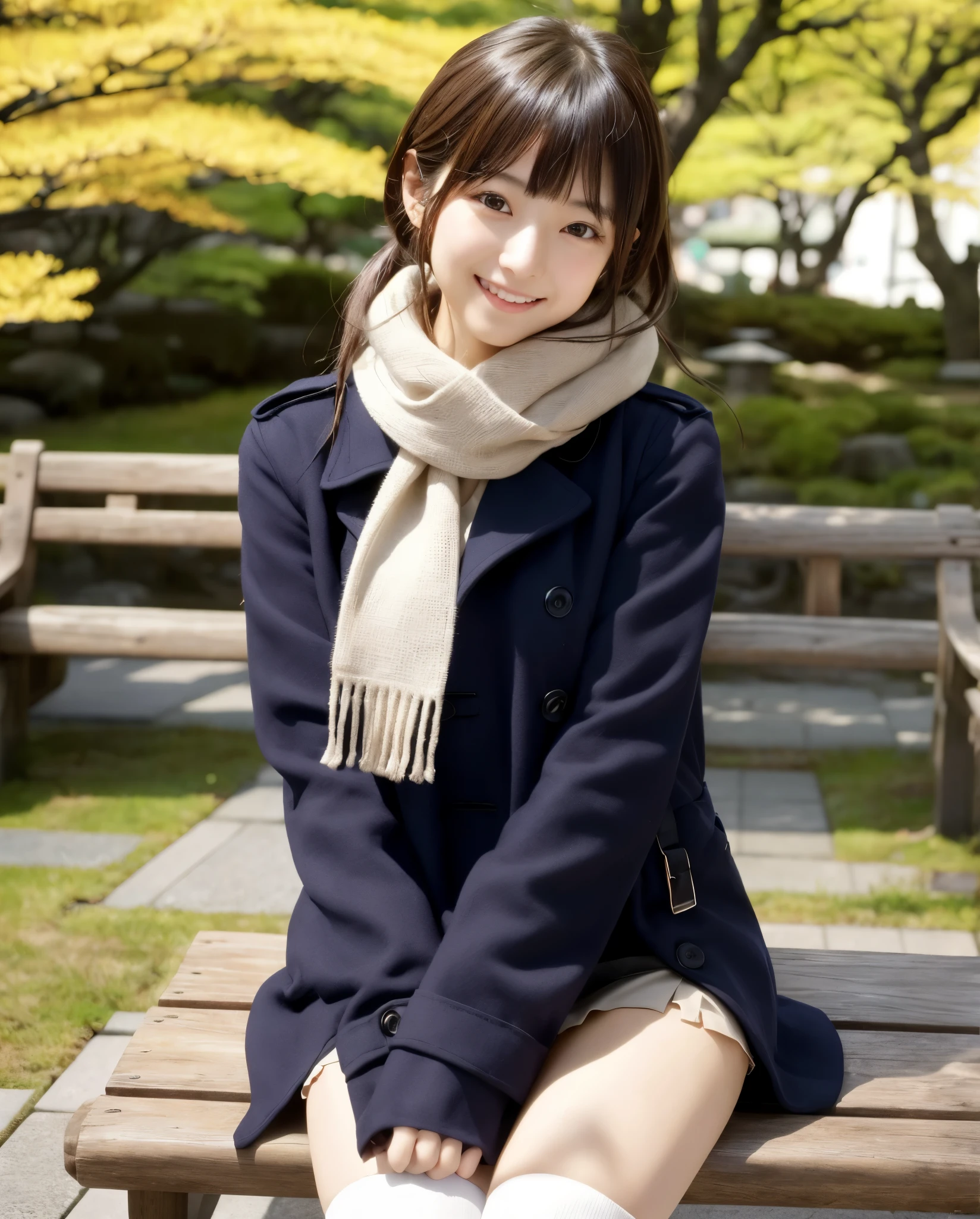 anatomically correct,Masterpiece of,High image quality,((Japan hair)),((natural smile)),((hair is blowing in the wind)),super detail、High quality textures、intricate details、detailed、非常detailedなCG、High quality shadows、Detail beautiful delicate face、Detail beautiful delicate eyes、Depth of the bounds written、Ray tracing,1 girl, japanese girl, cute type, slender,An arafi woman wearing a scarf and sitting on a park bench, trench coat、mini skirt、japanese girl, Japan Women Fashion Models, Beautiful young Japan woman, gorgeous young japanese woman, beautiful japanese woman, japanese girl, real life anime girl, Beautiful japanese girl, japanese model, 美しいjapanese girlの顔, young asian girl