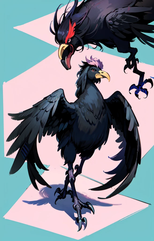 STYLE: kids illustration | SUBJECT: a playful prized black rooster | AESTHETIC: super kawaii, bold outlines | COLOR PALETTE: pastel | IN THE STYLE OF: Sanrio