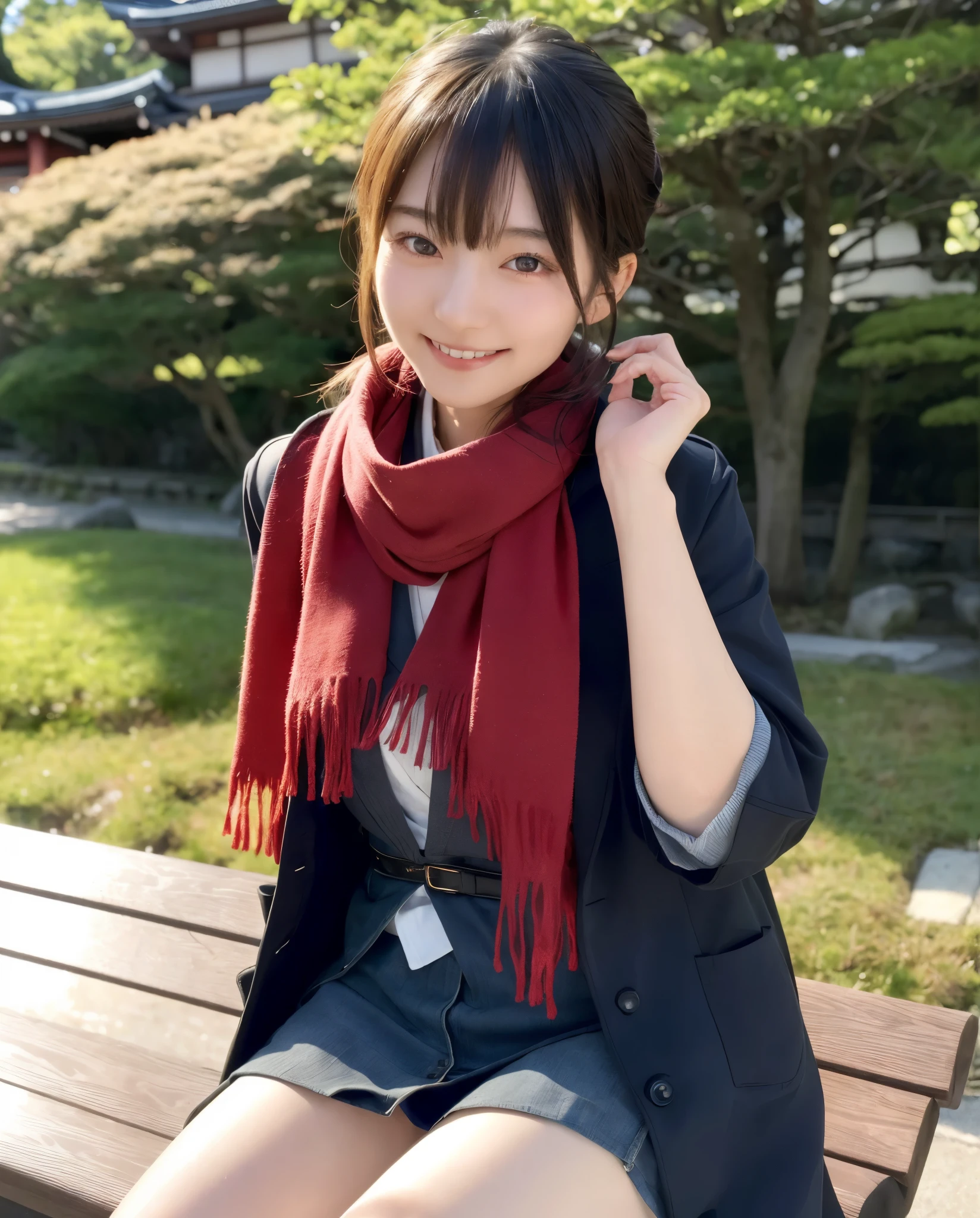 anatomically correct,Masterpiece of,High image quality,((Japan hair)),((natural smile)),((hair is blowing in the wind)),super detail、High quality textures、intricate details、detailed、非常detailedなCG、High quality shadows、Detail beautiful delicate face、Detail beautiful delicate eyes、Depth of the bounds written、Ray tracing,1 girl, japanese girl, cute type, slender,An arafi woman wearing a scarf and sitting on a park bench, trench coat、mini skirt、japanese girl, Japan Women Fashion Models, Beautiful young Japan woman, gorgeous young japanese woman, beautiful japanese woman, japanese girl, real life anime girl, Beautiful japanese girl, japanese model, 美しいjapanese girlの顔, young asian girl