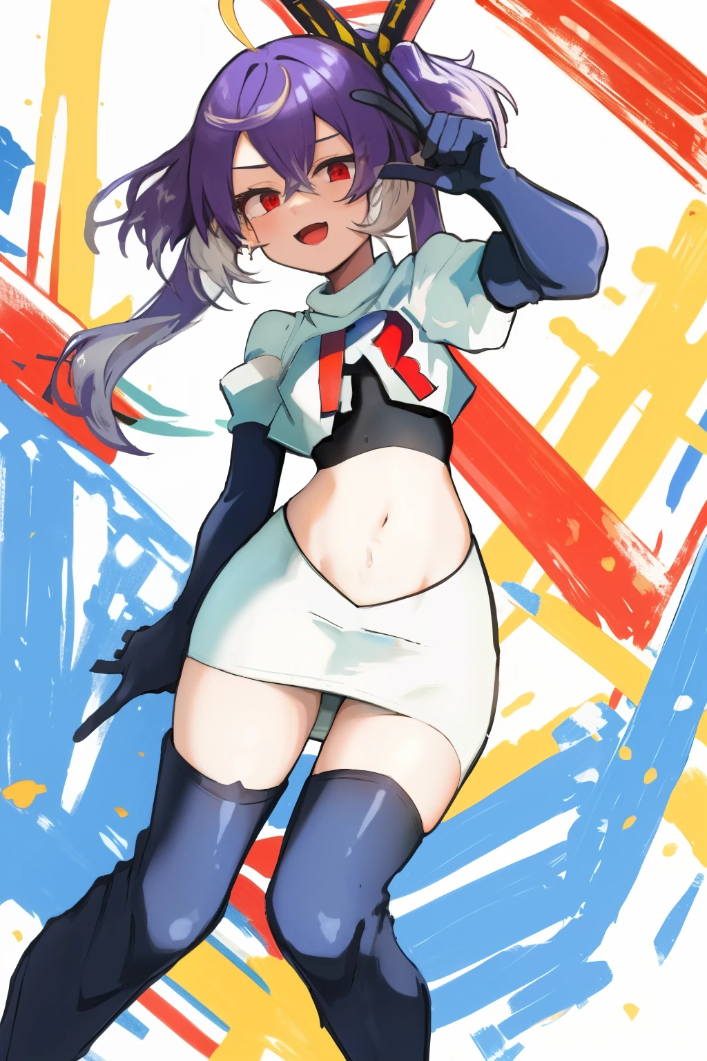 masterpiece, detailed, high quality, absurdres, shisuikiki, 1girl, solo, small breasts, curvy, cowboy shot, team rocket,team rocket uniform,white skirt,red letter R,crop top,black thigh-highs,black elbow gloves