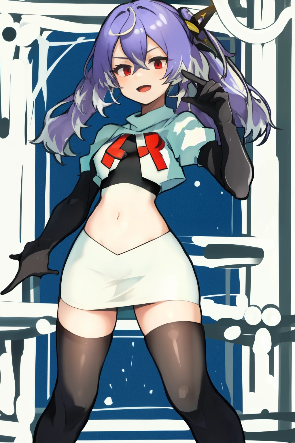 masterpiece, detailed, high quality, absurdres, shisuikiki, 1girl, solo, small breasts, curvy, cowboy shot, team rocket,team rocket uniform,white skirt,red letter R,crop top,black thigh-highs,black elbow gloves