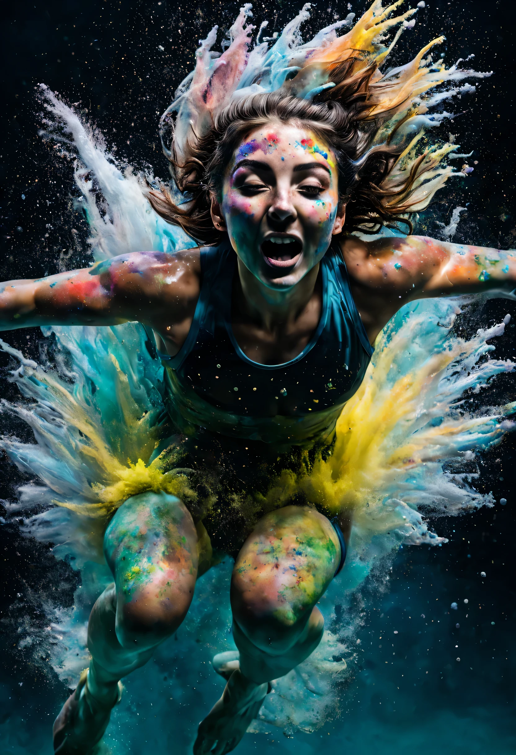 The face of a woman jumping into water with bursts of realistic colored and textured powder around her underwater