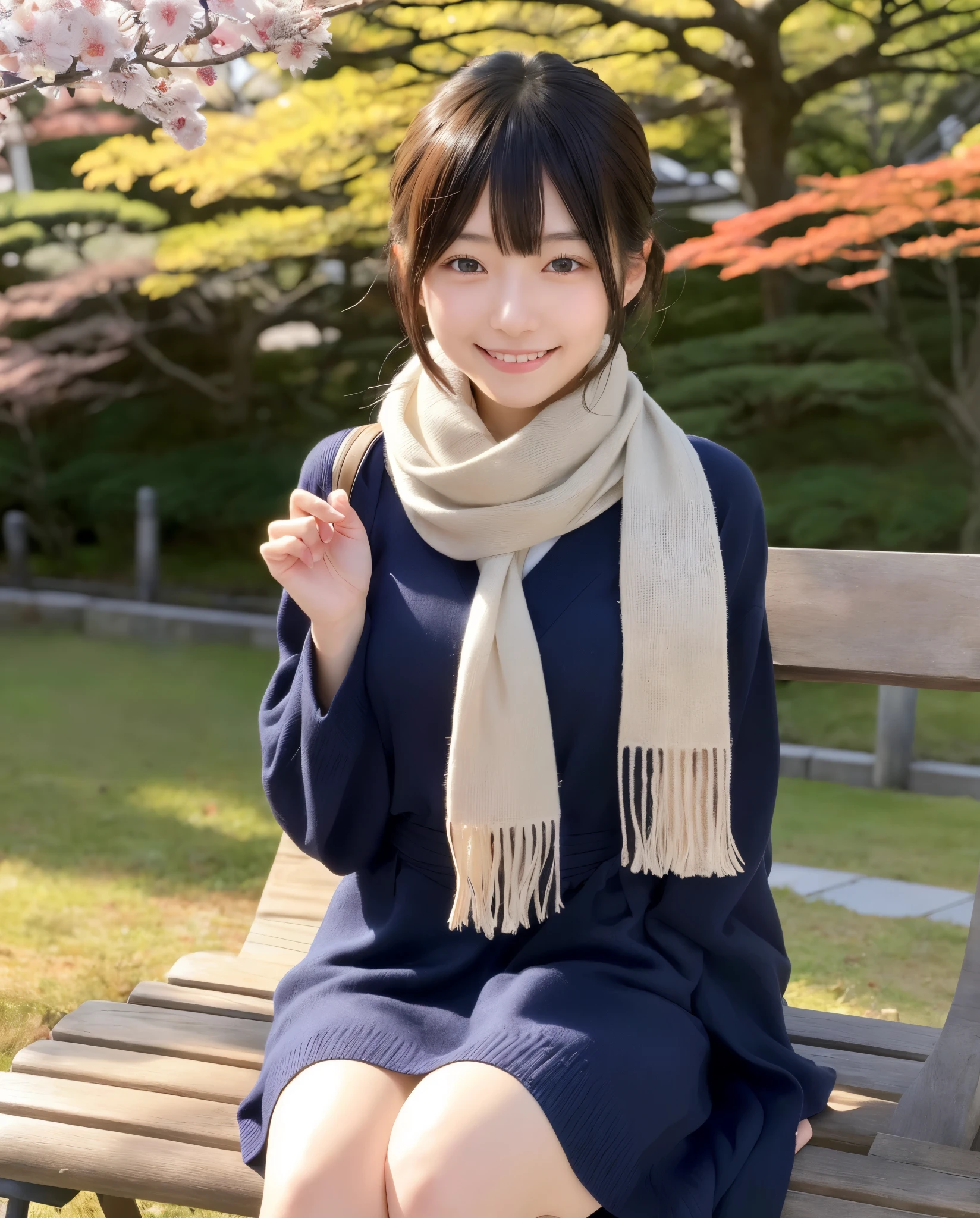 anatomically correct,Masterpiece of,High image quality,((Japan hair)),((natural smile)),((hair is blowing in the wind)),super detail、High quality textures、intricate details、detailed、非常detailedなCG、High quality shadows、Detail beautiful delicate face、Detail beautiful delicate eyes、Depth of the bounds written、Ray tracing,1 girl, japanese girl, cute type, slender,Japanese woman wearing a scarf sitting on a park bench, Dress like a college ??????? holidays、japanese girl, Japan Women Fashion Models, Beautiful young Japan woman, gorgeous young japanese woman, beautiful japanese woman, japanese girl, real life anime girl, Beautiful japanese girl, japanese model, 美しいjapanese girlの顔, young asian girl