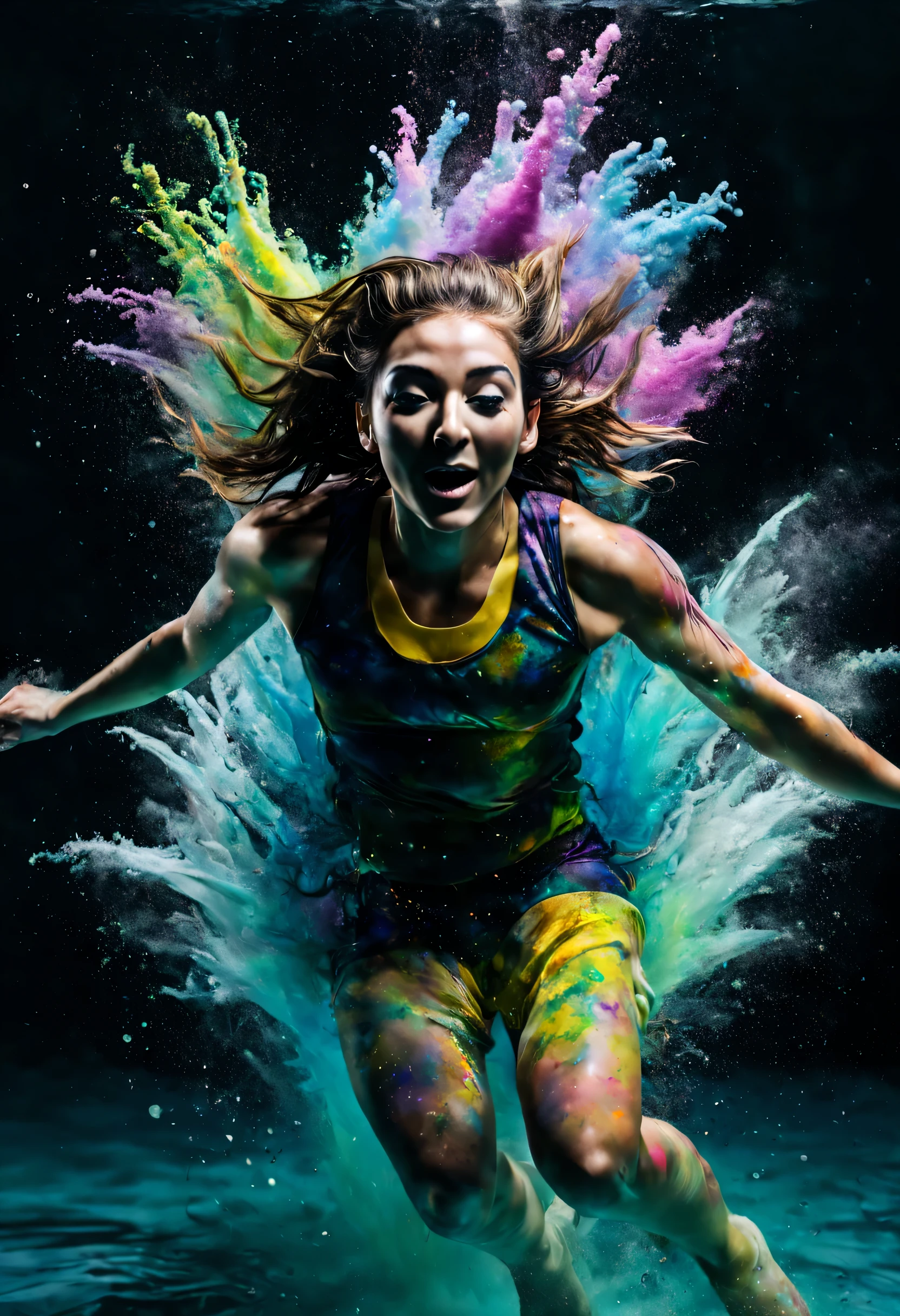 The face of a woman jumping into water with bursts of realistic colored and textured powder around her underwater