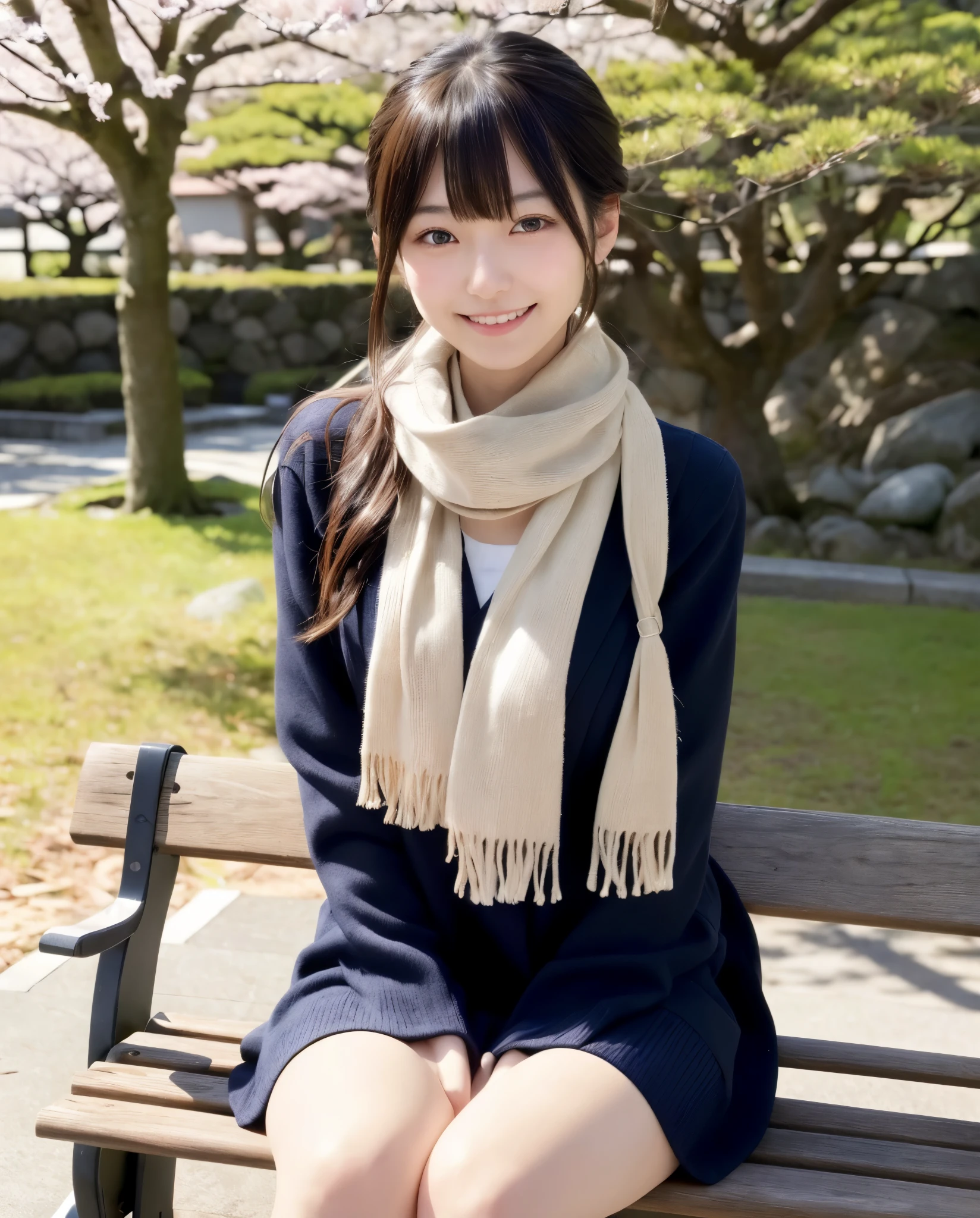 anatomically correct,Masterpiece of,High image quality,((Japan hair)),((natural smile)),((hair is blowing in the wind)),super detail、High quality textures、intricate details、detailed、非常detailedなCG、High quality shadows、Detail beautiful delicate face、Detail beautiful delicate eyes、Depth of the bounds written、Ray tracing,1 girl, japanese girl, cute type, slender,An arafi woman wearing a scarf and sitting on a park bench, Turtleneck knitwear、mini skirt、japanese girl, Japan Women Fashion Models, Beautiful young Japan woman, gorgeous young japanese woman, beautiful japanese woman, japanese girl, real life anime girl, Beautiful japanese girl, japanese model, 美しいjapanese girlの顔, young asian girl