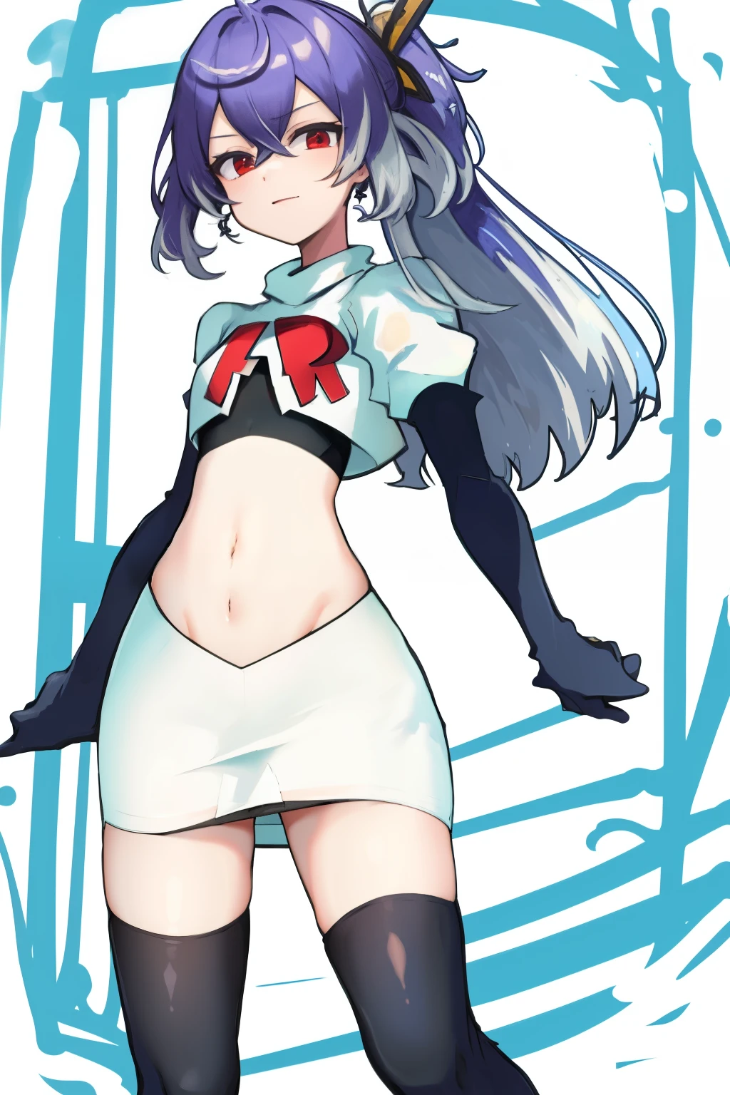 masterpiece, detailed, high quality, absurdres, shisuikiki, 1girl, solo, small breasts, curvy, cowboy shot, team rocket,team rocket uniform,white skirt,red letter R,crop top,black thigh-highs,black elbow gloves