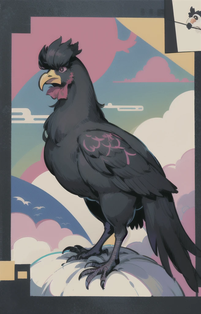 STYLE: kids illustration | SUBJECT: a playful prized black rooster | AESTHETIC: super kawaii, bold outlines | COLOR PALETTE: pastel | IN THE STYLE OF: Sanrio
