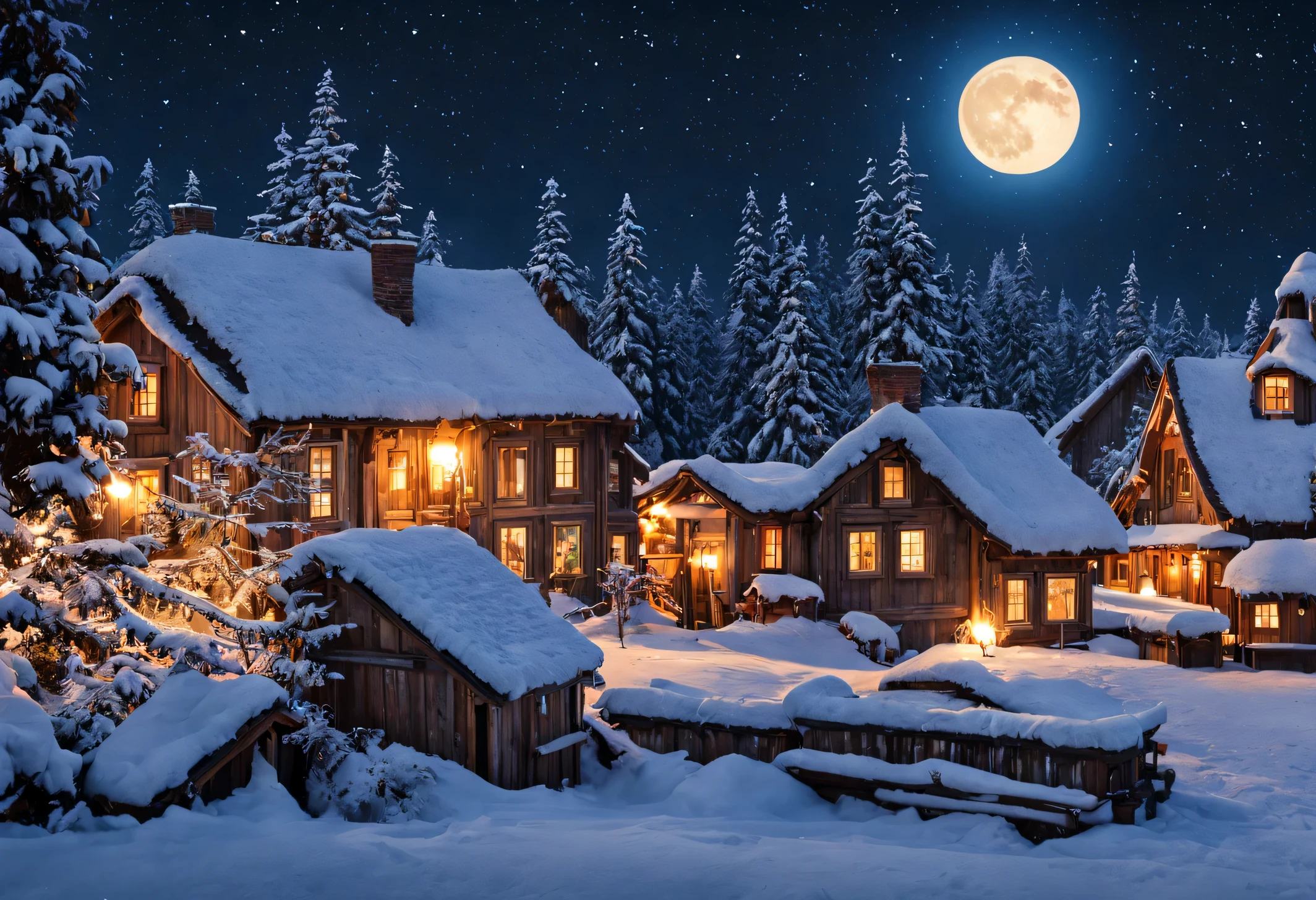 (best quality,4k,8k,highres,masterpiece:1.2),ultra-detailed,(realistic,photorealistic,photo-realistic:1.37),winter wonderland in a village with wooden houses,snow-covered scenery,cozy atmosphere,peaceful,serene,quiet,twinkling lights,smoke rising from chimneys,snowflakes gently falling from the sky,soft powdery snow on trees and rooftops,frosted windows,frozen pond with ice skaters,enchanting,whimsical,candlelit windows,children building snowmen,sleigh rides,horse-drawn carriages,jingling bells,crisp air,steaming cups of hot cocoa,roaring fireplace,woolen scarves and mittens,ice crystals reflecting sunlight,icy breath,full moon shining brightly,icy branches glistening,magical,ethereal,sparkling stars,glowing lanterns,wooden sleds leaning against houses,crunchy footsteps in the snow.