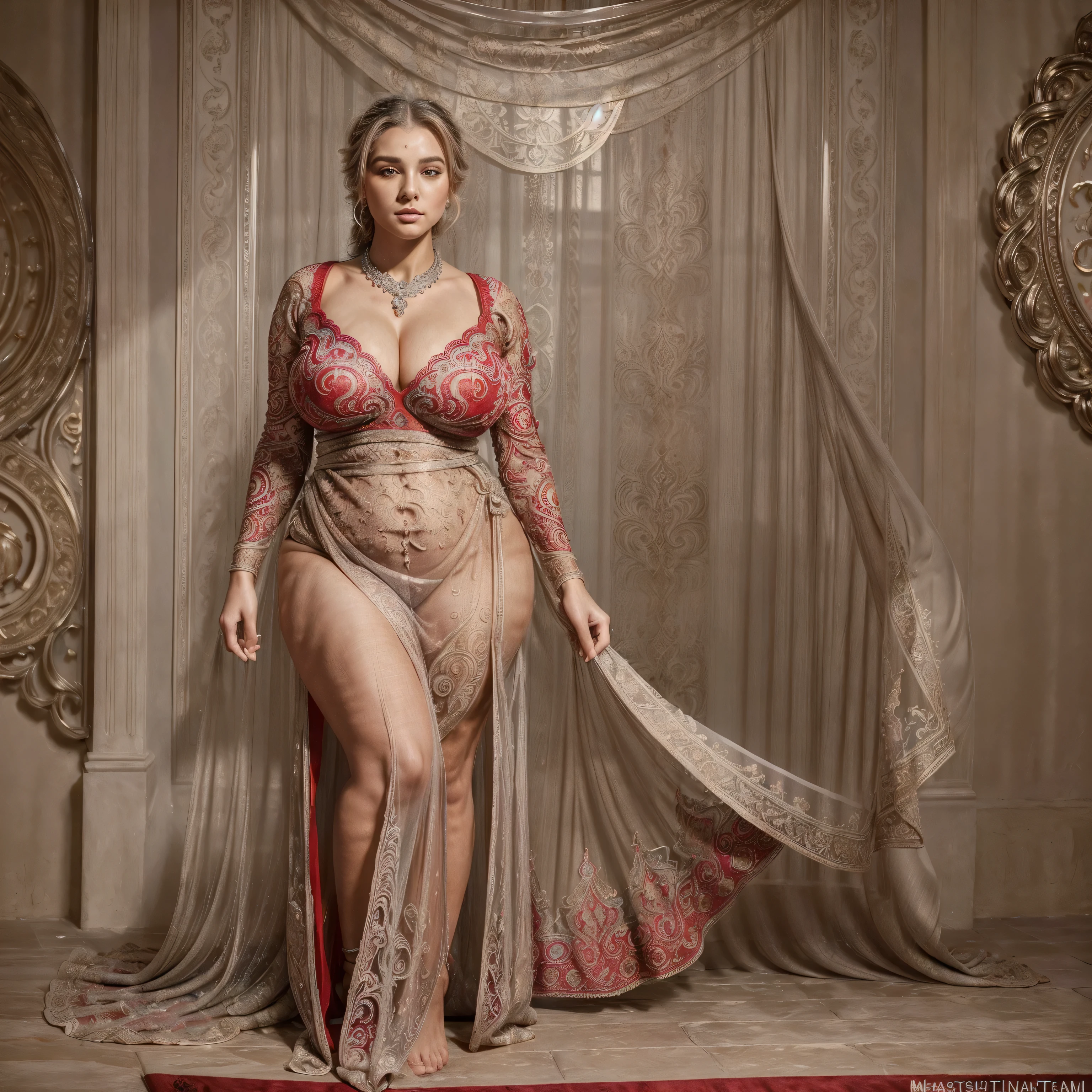 (masterpiece, top quality, best quality, official art, beautiful and aesthetic:1.8), (1girl:1.3), extremely detailed, (colorful:1.5), (20 years old), blonde hair, Anna semenovich, (to8contrast style), A sexy fat voluptuous mature obese, soft lighting, ( very full body, very full figure, very curvy, chubby, navel, very thicc, very thick, fat thighs), (stomach obese), highest detailed,sun-kissed skin, elegant jawline, minimalism, femininity, supermodel, ethereal, fresh, radiant, pure, (((((very thin waist))))) long hair ((up-do hairstyle)) (((see through fabric))) ((((red ornate gown)))) ((long sleeves)) ((silver metal jewlery)) (confident expression) (full body view) (((nobility))) ((regal clothing)) she is standing in the medieval room with behind her a stone fire place.