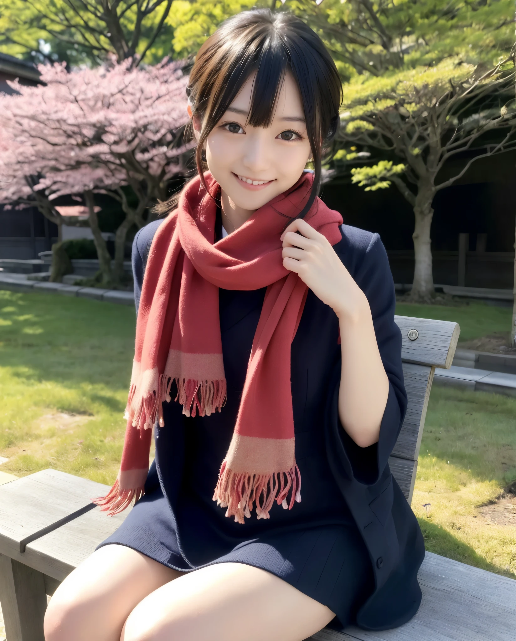 anatomically correct,Masterpiece of,High image quality,((Japan hair)),((natural smile)),((hair is blowing in the wind)),super detail、High quality textures、intricate details、detailed、非常detailedなCG、High quality shadows、Detail beautiful delicate face、Detail beautiful delicate eyes、Depth of the bounds written、Ray tracing,1 girl, japanese girl, cute type, slender,A woman wearing a scarf sitting on a park bench, Dress like a college girl、japanese girl, Japan Women Fashion Models, Beautiful young Japan woman, gorgeous young japanese woman, beautiful japanese woman, japanese girl, real life anime girl, Beautiful japanese girl, japanese model, 美しいjapanese girlの顔, young asian girl