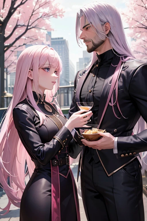 a muscular blonde haired man with blue eyes with a dark beard and long hair is eating in the park with a pink haired woman with violet eyes with an hourglass figure and short hair
