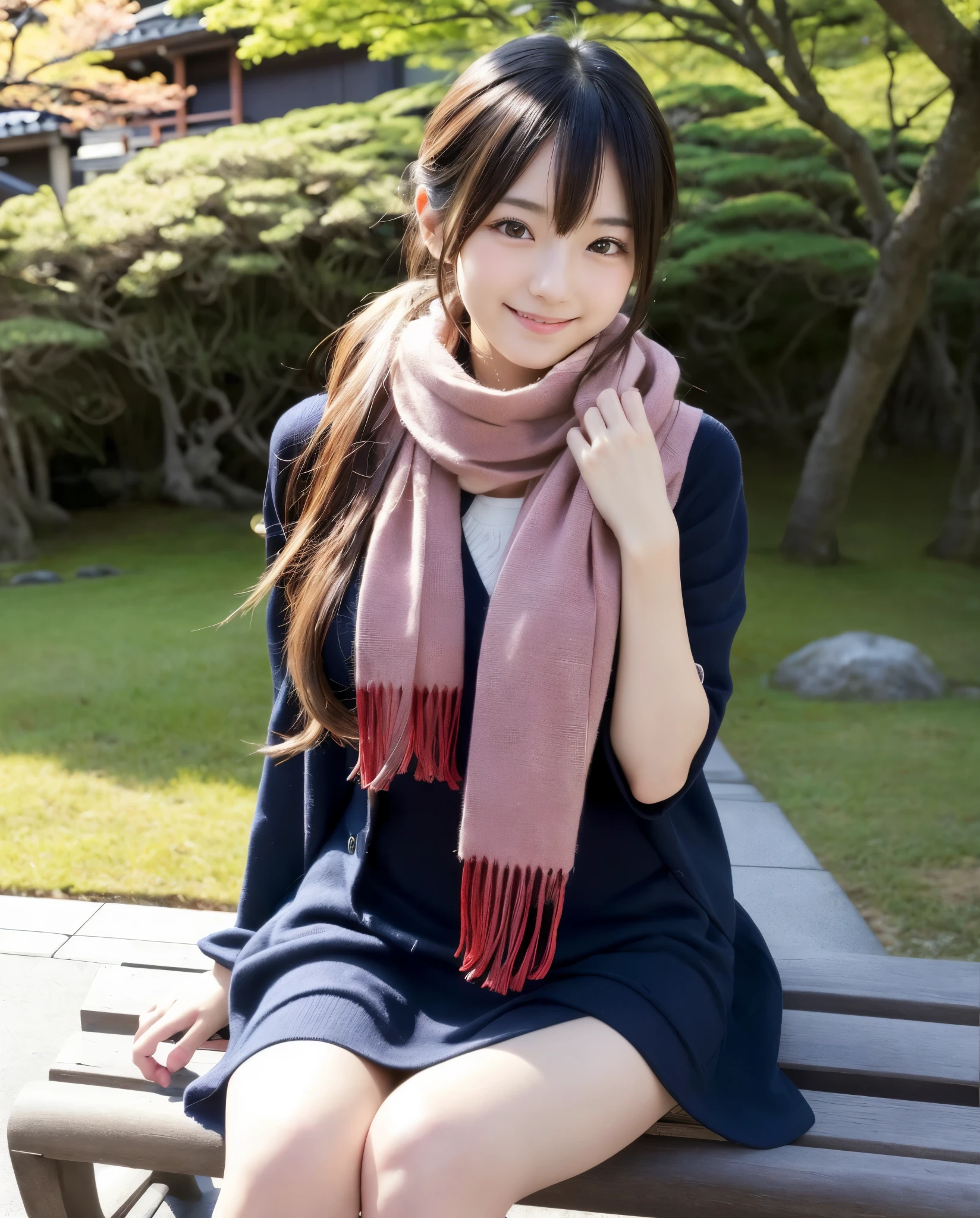 anatomically correct,Masterpiece of,High image quality,((Japan hair)),((natural smile)),((hair is blowing in the wind)),super detail、High quality textures、intricate details、detailed、非常detailedなCG、High quality shadows、Detail beautiful delicate face、Detail beautiful delicate eyes、Depth of the bounds written、Ray tracing,1 girl, japanese girl, cute type, slender,A woman wearing a scarf sitting on a park bench, Dress like a college girl、japanese girl, Japan Women Fashion Models, Beautiful young Japan woman, gorgeous young japanese woman, beautiful japanese woman, japanese girl, real life anime girl, Beautiful japanese girl, japanese model, 美しいjapanese girlの顔, young asian girl