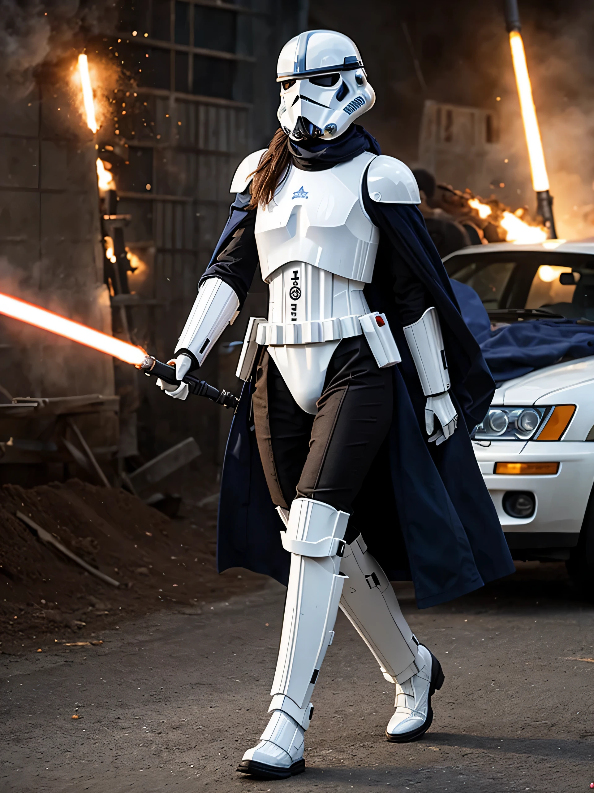 Monica Belucci como Jedi Stormtrooper, andando, explosions behind