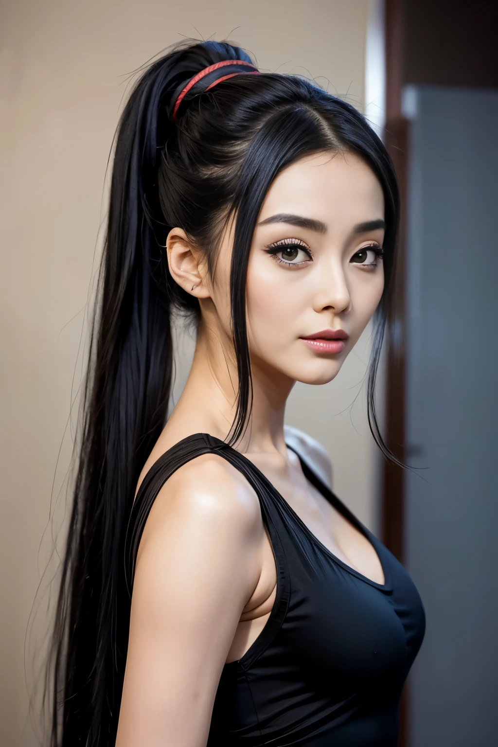 there is Chinese actress Fan Bingbing with long black hair standing that is getting her hair done, ponytail black hair, long black hair in a ponytail, hair tied up in a pony tail, thick shining black hair, hair tied in a ponytail, with straight black hair, black ponytail hair, waist reaching ponytail, hair tied back, black hairs, black silky hair, hair ponytail, hair tied in a cute way