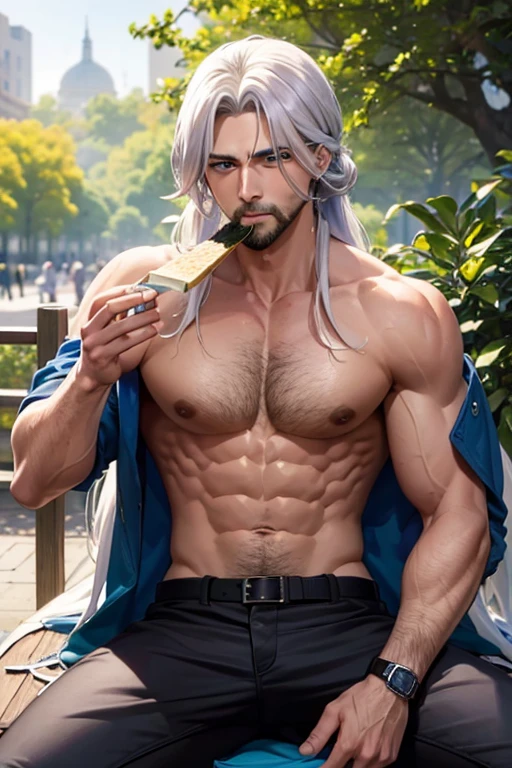 a muscular blonde haired man with blue eyes with a dark beard and long hair is eating in the park