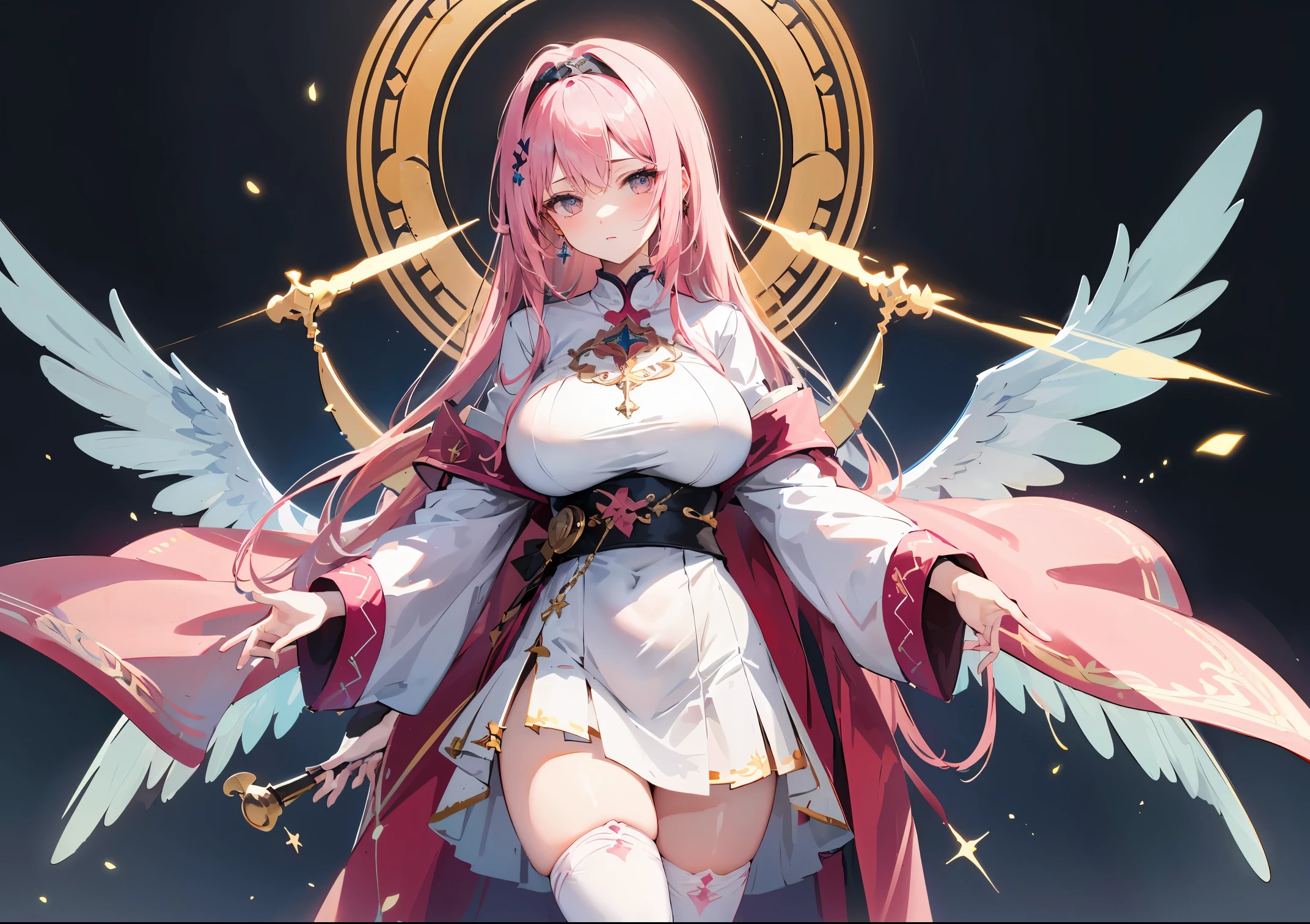 Goddess with big wings。Stand between cotton clouds。digitial painting,Artistically,concept-art,soft focus,sharp,illustratio。Slim body,ornate gown,Large breasts,The divine light lit up from behind,Face the camera head-on
