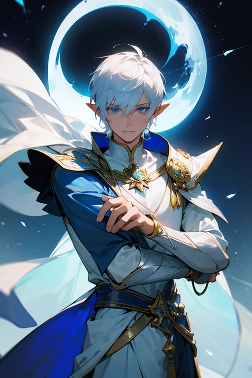 ultra-detailed, pointy ears, white hair, blue eyes, short hair, wears silver armor on his chest, on his sleeves he wears a white fabric up to his hands, on his back he wears a blue cape with gold adornments, the cape covers the armor on his shoulders, in one of his hands he wears a silver bracelet, holding a white and blue wooden bow in his hands, and at his waist a sword, the cloth is the moon, a face, ethereal lighting, mystical atmosphere, vibrant colors