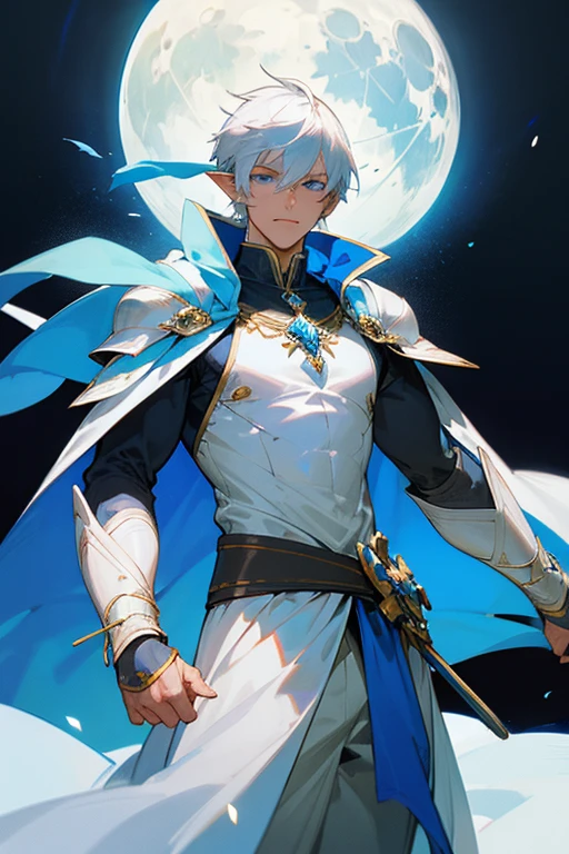 ultra-detailed, pointy ears, white hair, blue eyes, short hair, wears silver armor on his chest, on his sleeves he wears a white fabric up to his hands, on his back he wears a blue cape with gold adornments, the cape covers the armor on his shoulders, in one of his hands he wears a silver bracelet, holding a white and blue wooden bow in his hands, and at his waist a sword, the cloth is the moon, a face, ethereal lighting, mystical atmosphere, vibrant colors