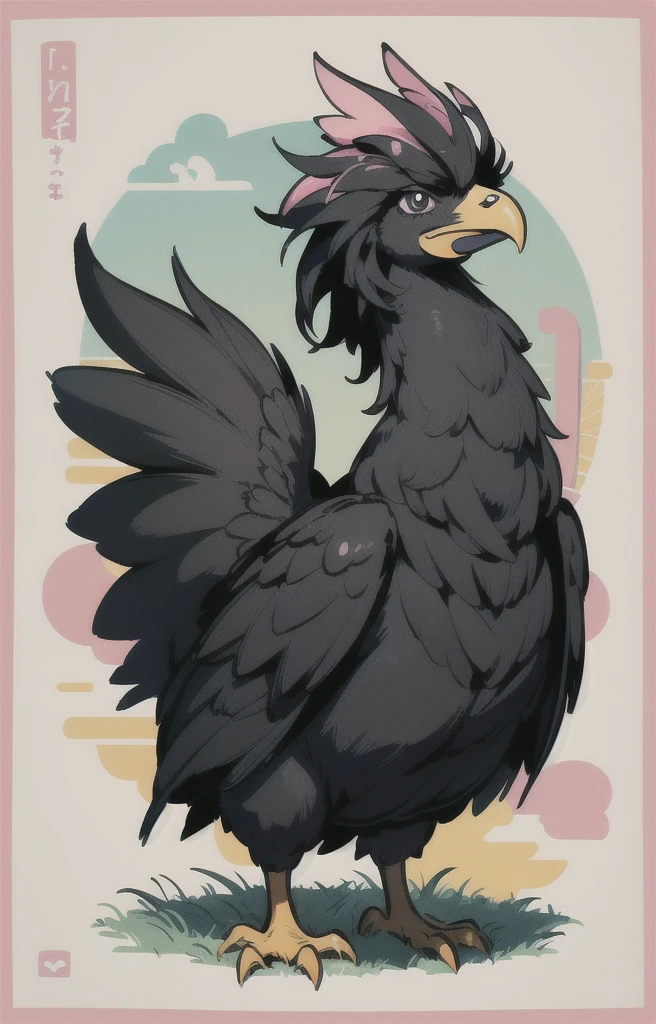 STYLE: kids illustration | SUBJECT: a playful prized black Rooster | AESTHETIC: super kawaii, bold outlines | COLOR PALETTE: pastel | IN THE STYLE OF: Sanrio