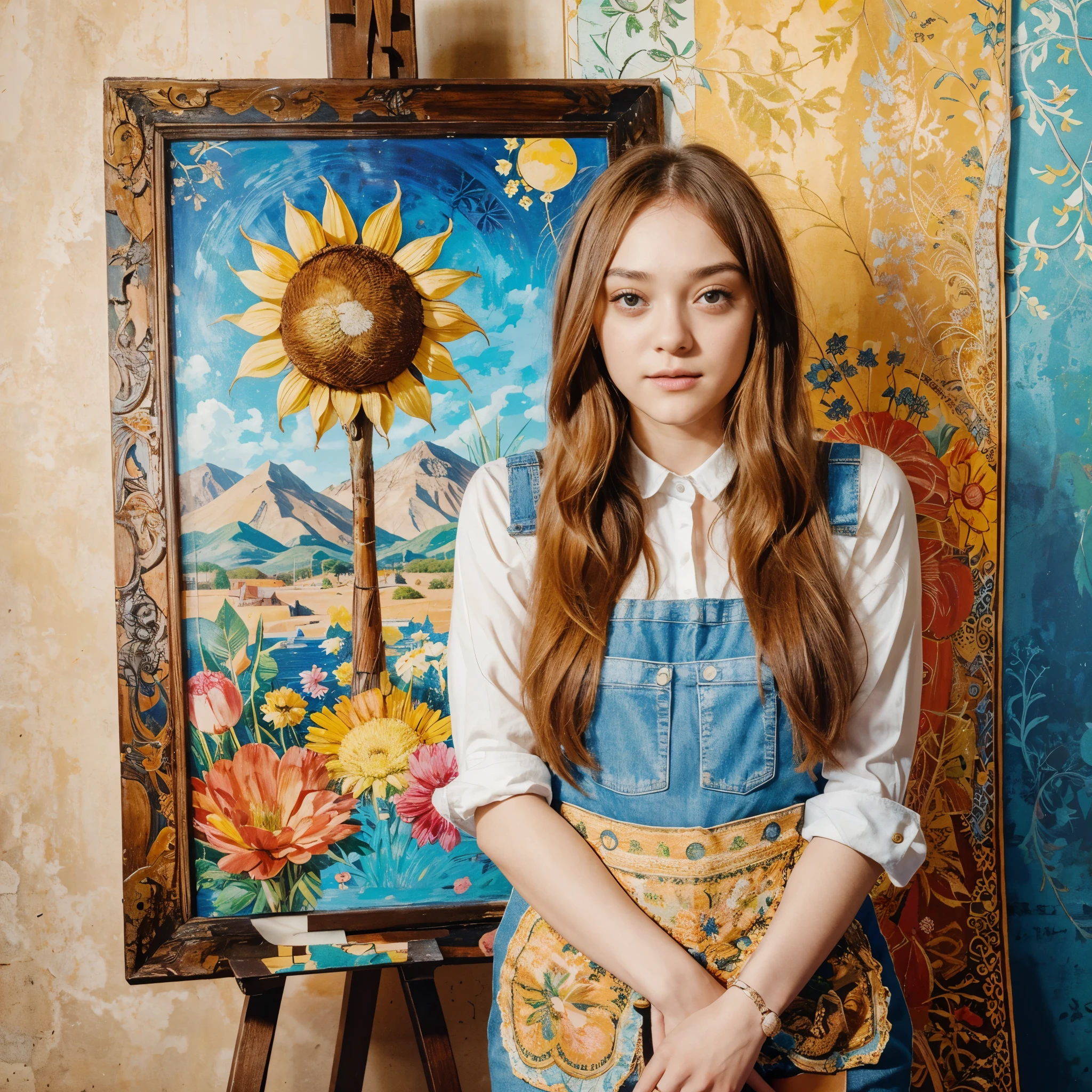 photograph of a young latin woman, con parecido a Dakota Fanning, Brown hair, ella es pintora,  lleva puesto un overall de mezclilla, she is standing next to her artwork