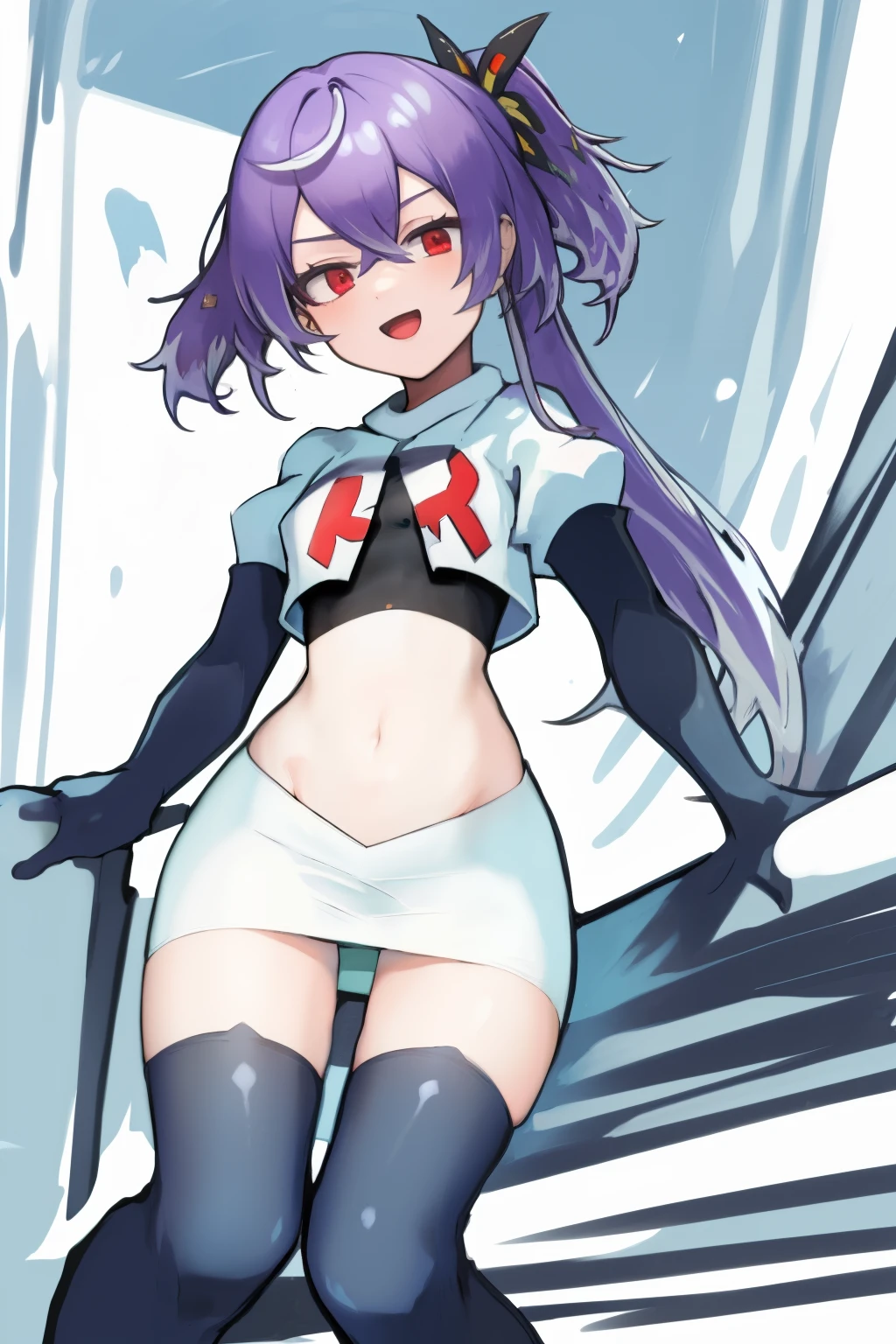 masterpiece, detailed, high quality, absurdres, shisuikiki, 1girl, solo, small breasts, curvy, cowboy shot, team rocket,team rocket uniform,white skirt,red letter R,crop top,black thigh-highs,black elbow gloves
