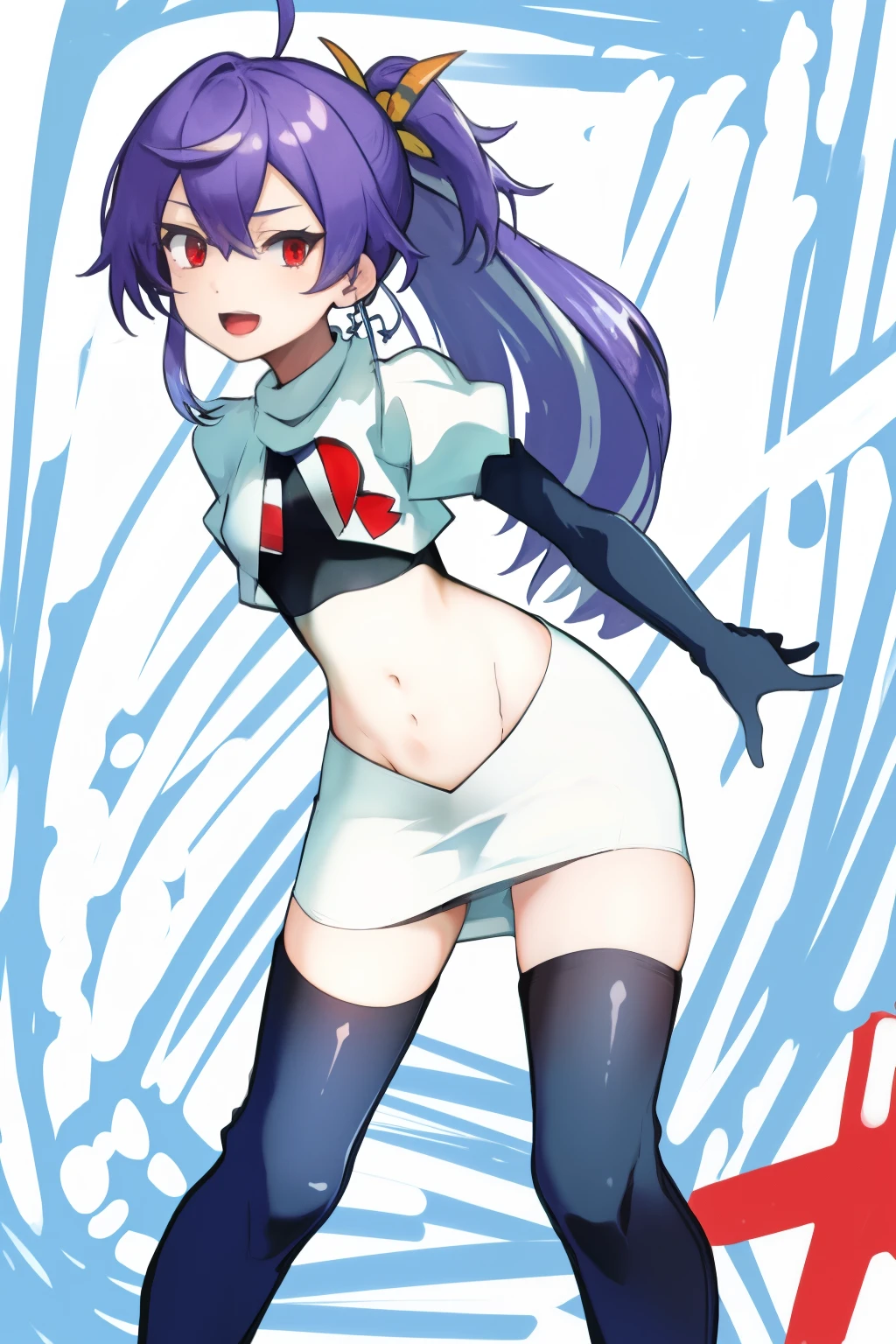 masterpiece, detailed, high quality, absurdres, shisuikiki, 1girl, solo, small breasts, curvy, cowboy shot, team rocket,team rocket uniform,white skirt,red letter R,crop top,black thigh-highs,black elbow gloves