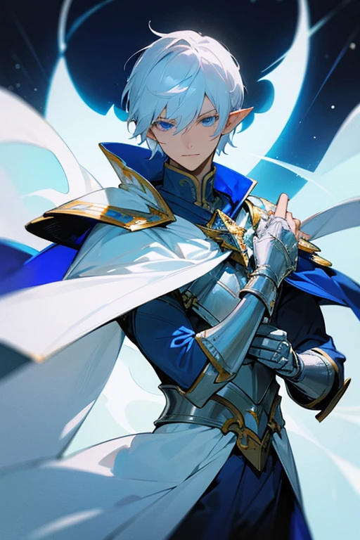 ultra-detailed, pointy ears, white hair, blue eyes, short hair, wears silver armor on his chest, on his sleeves he wears a white fabric up to his hands, on his back he wears a blue cape with gold adornments, the cape covers the armor on his shoulders, in one of his hands he wears a silver bracelet, holding a white and blue wooden bow in his hands, the cloth is the moon, a face, ethereal lighting, mystical atmosphere, vibrant colors