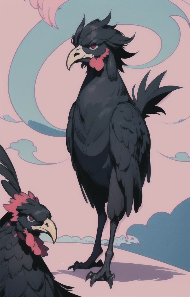 STYLE: kids illustration | SUBJECT: a playful prized black Rooster | AESTHETIC: super kawaii, bold outlines | COLOR PALETTE: pastel | IN THE STYLE OF: Sanrio