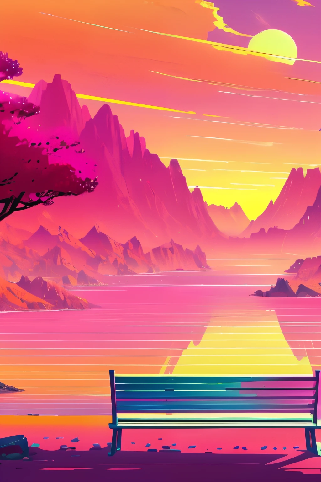 A man sits on a bench and looks out over the river, sunset illustration, pink landscape, arte de fundo, Landscape illustration, firey environment, Anime landscape, hyper light drifter color pallet, pink skies, background artwork, warm color scheme art rendition, environment design illustration, digital landscape art, sunset in a valley, Sunset!, brittney lee, Pink sunset