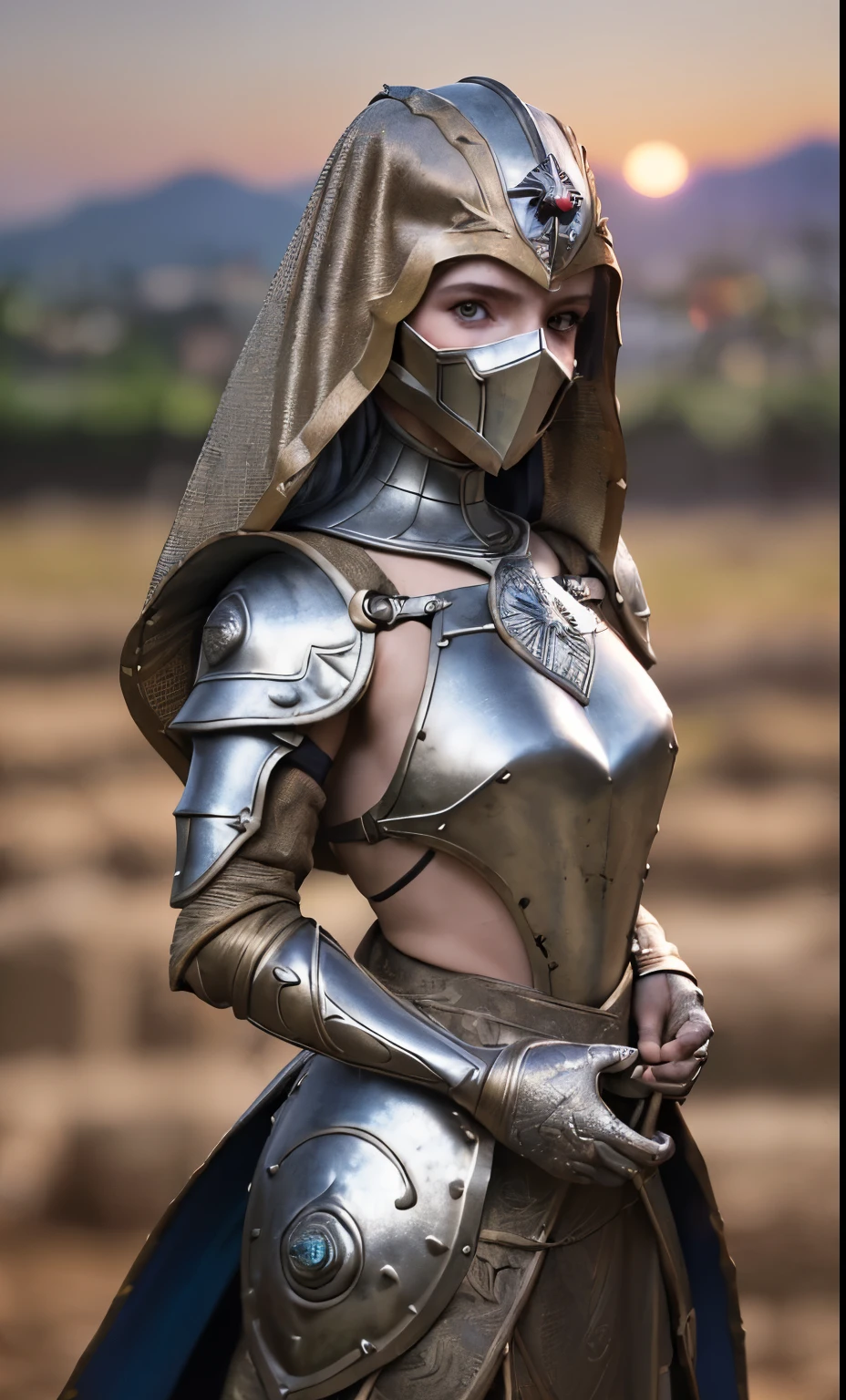 (obra de arte), (extremamente complexo:1.3), (realista), retrato de uma , o mais bonito do mundo, (armadura medieval), metal reflections, tronco, ao ar livre, luz solar intensa, Castelo distante, fotografia profissional de uma mulher deslumbrante detalhada, sharp focus, dramatic, premiado, Cinematic lighting, Octane render Unreal Engine, Volumetria DTX, (film grain, blurry background, blurry foreground, bokeh, profundidade de campo, sunset, motion blur:1.3), correio em cadeia