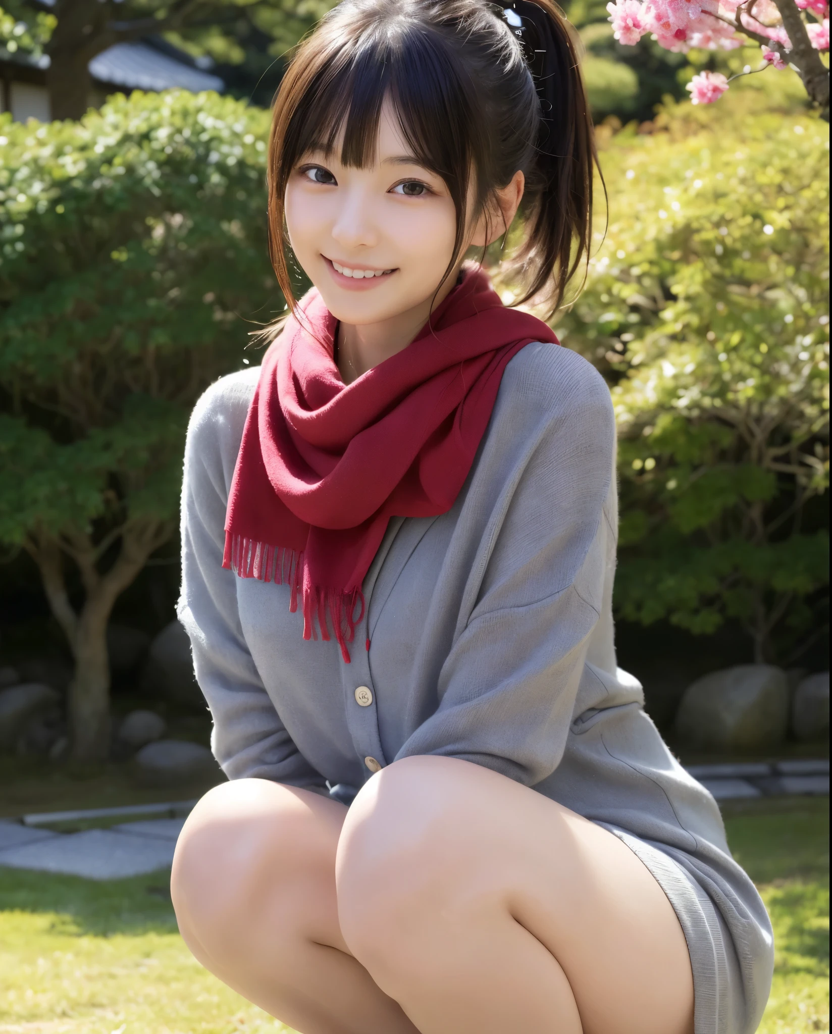 anatomically correct,Masterpiece of,High image quality,((Japan hair)),((natural smile)),((hair is blowing in the wind)),super detail、High quality textures、intricate details、detailed、非常detailedなCG、High quality shadows、Detail beautiful delicate face、Detail beautiful delicate eyes、Depth of the bounds written、Ray tracing,1 girl, japanese girl, cute type, slender,squat with legs closed、Woman in a scarf, Dress like a college girl、japanese girl, Japan Women Fashion Models, Beautiful young Japan woman, gorgeous young japanese woman, beautiful japanese woman, japanese girl, real life anime girl, Beautiful japanese girl, japanese model, 美しいjapanese girlの顔, young asian girl