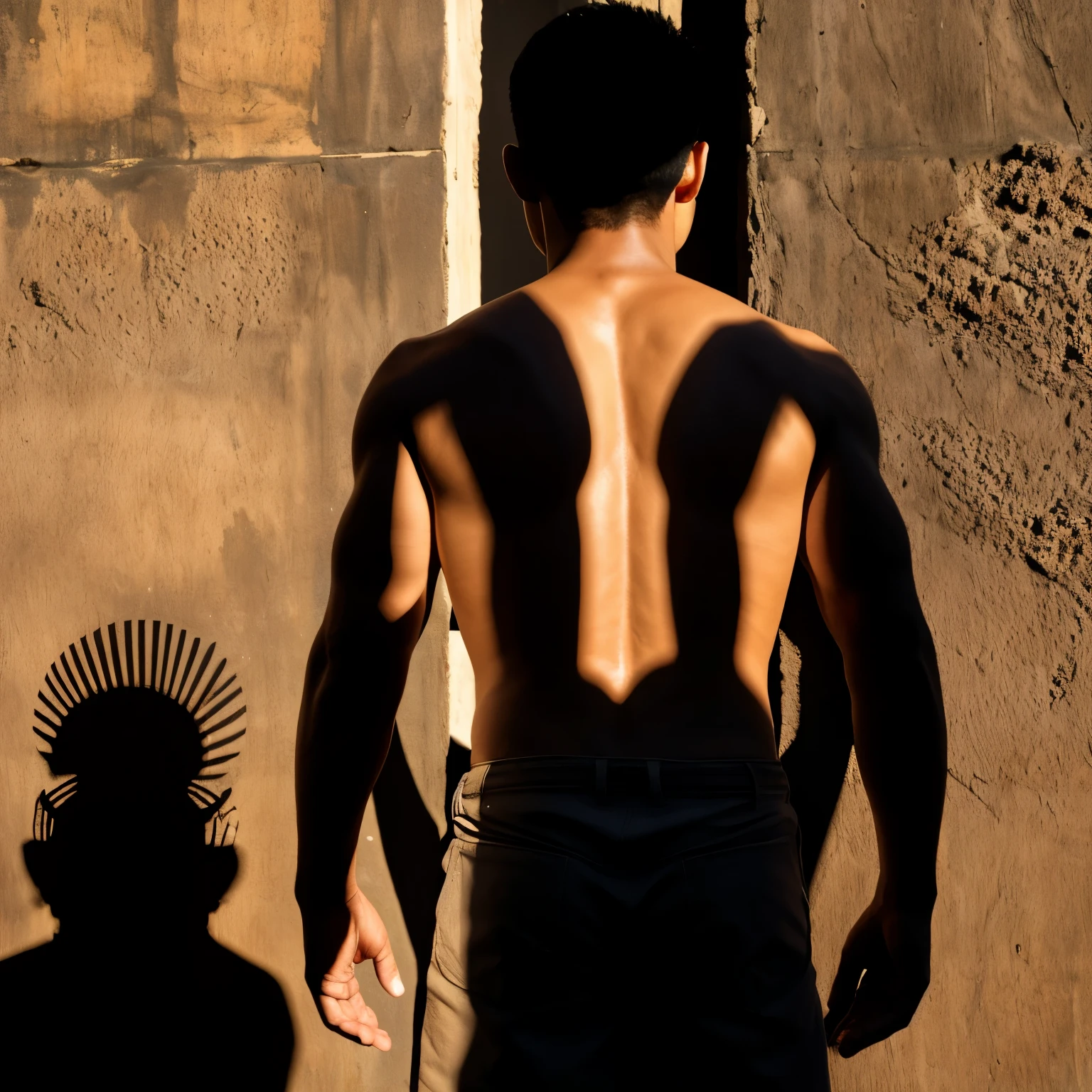Indonesian man looking the female shadow in front of him, facing away viewer, woman shadow, shadow siluet, (female shadow:1.2)