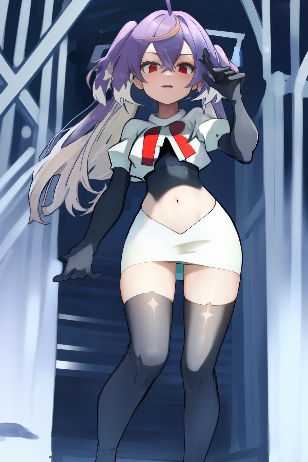 masterpiece, detailed, high quality, absurdres, shisuikiki, 1girl, solo, small breasts, curvy, cowboy shot, team rocket,team rocket uniform,white skirt,red letter R,crop top,black thigh-highs,black elbow gloves