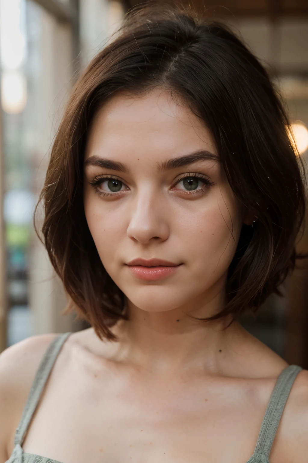Make me a woman around 20’s make her realistic as you can. Create her with brunette hair and dark green eyes and her nationality is greek