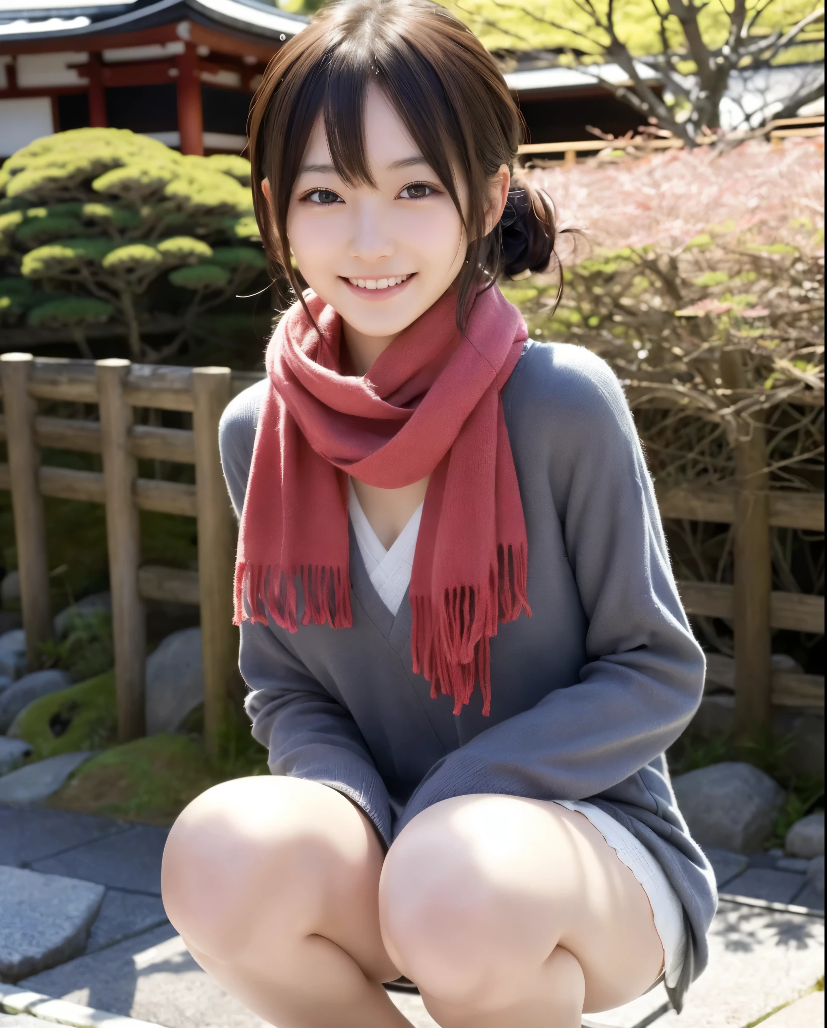 anatomically correct,Masterpiece of,High image quality,((Japan hair)),((natural smile)),((hair is blowing in the wind)),super detail、High quality textures、intricate details、detailed、非常detailedなCG、High quality shadows、Detail beautiful delicate face、Detail beautiful delicate eyes、Depth of the bounds written、Ray tracing,1 girl, japanese girl, cute type, slender,squat with your legs closed、Woman in a scarf, Dress like a college girl、japanese girl, Japan Women Fashion Models, Beautiful young Japan woman, gorgeous young japanese woman, beautiful japanese woman, japanese girl, real life anime girl, Beautiful japanese girl, japanese model, 美しいjapanese girlの顔, young asian girl