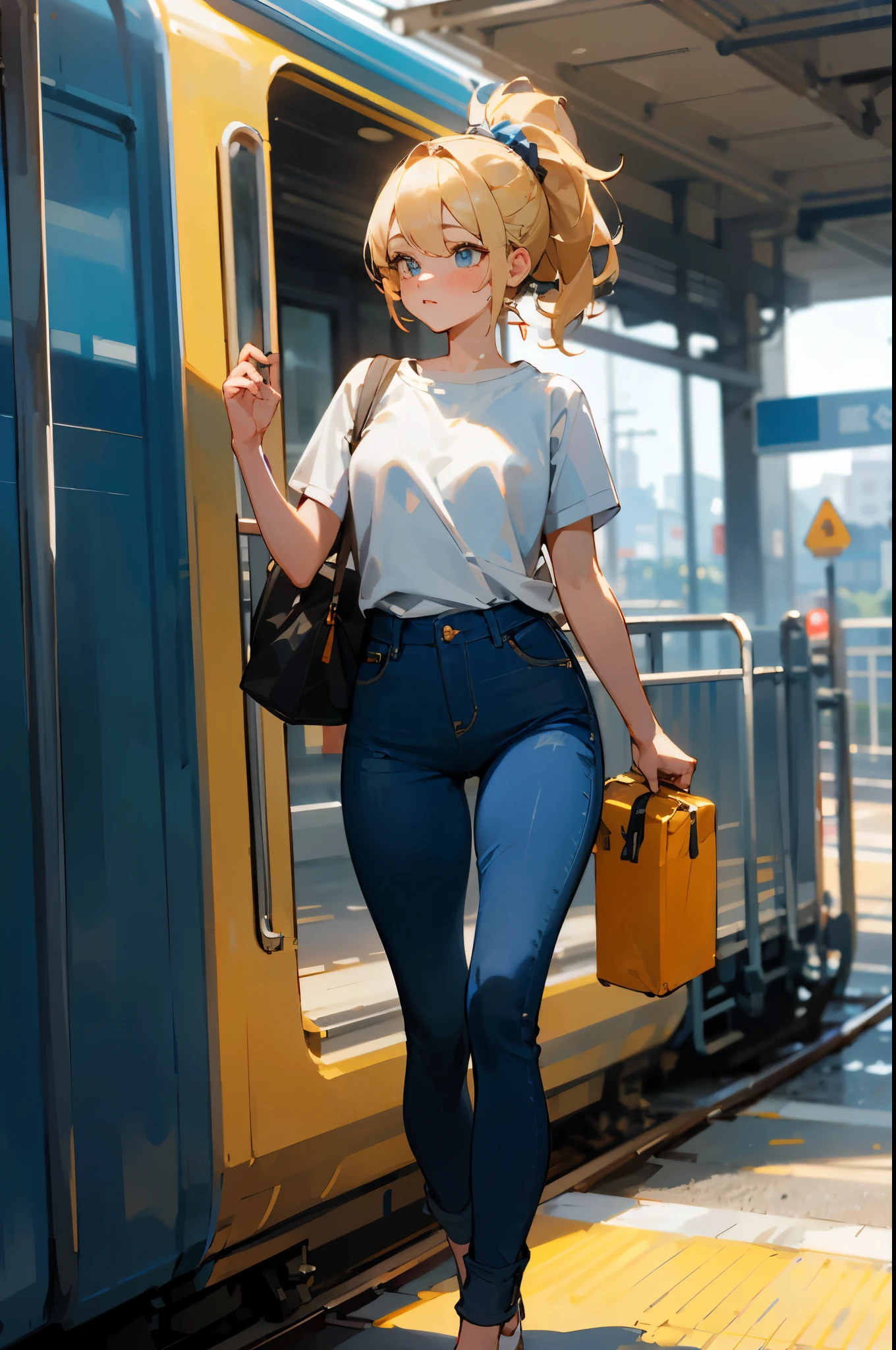 ((best quality)), ((masterpiece)), (detailed), beautiful blond ponytail woman in jeans and white t-shirt exiting the train to train platform, tall beautiful legs, beautiful face, perfect eyes, detailed face