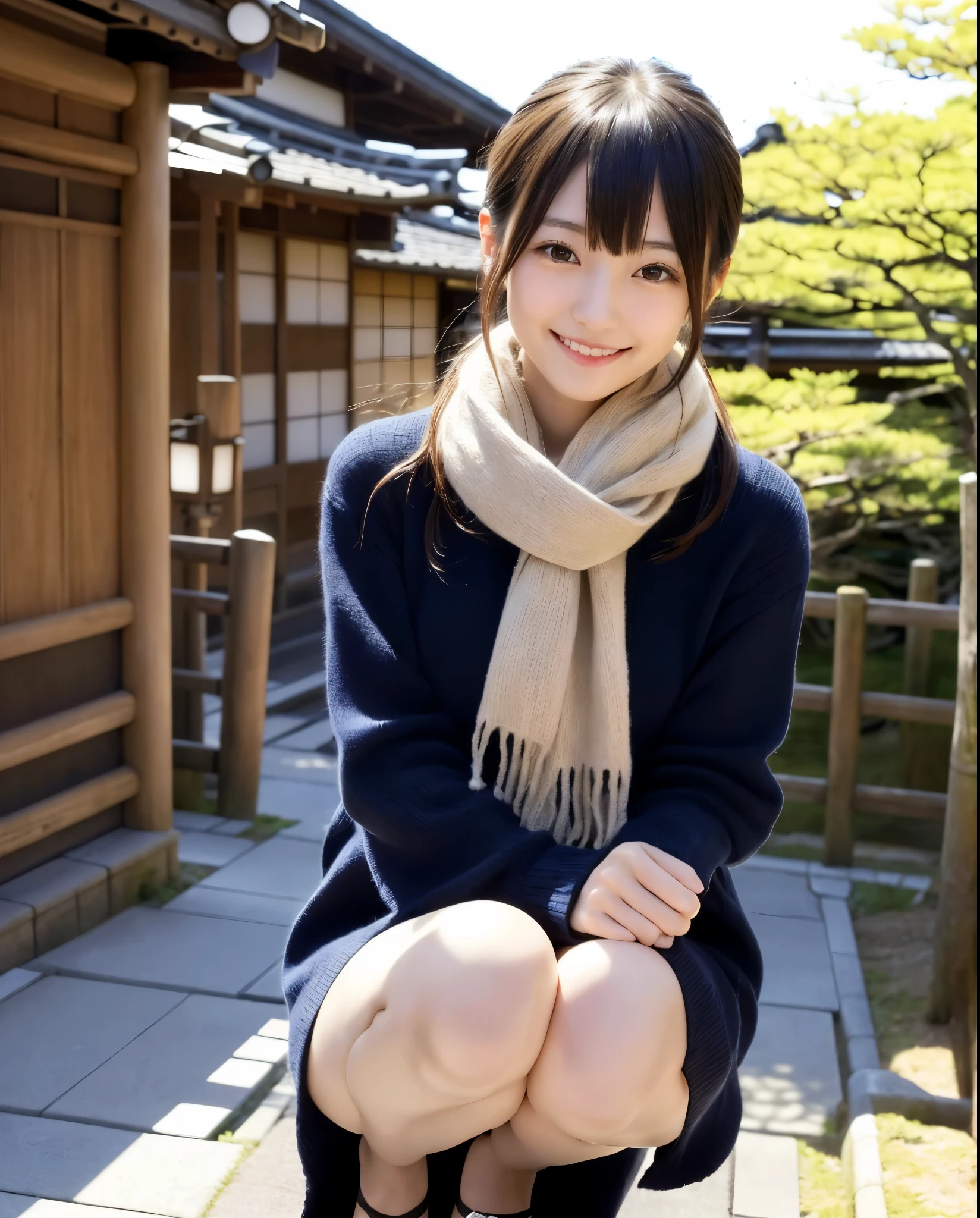anatomically correct,Masterpiece of,High image quality,((Japan hair)),((natural smile)),((hair is blowing in the wind)),super detail、High quality textures、intricate details、detailed、非常detailedなCG、High quality shadows、Detail beautiful delicate face、Detail beautiful delicate eyes、Depth of the bounds written、Ray tracing,1 girl, japanese girl, cute type, slender,squat、Woman in a scarf, Dress like a college girl、japanese girl, Japan Women Fashion Models, Beautiful young Japan woman, gorgeous young japanese woman, beautiful japanese woman, japanese girl, real life anime girl, Beautiful japanese girl, japanese model, 美しいjapanese girlの顔, young asian girl